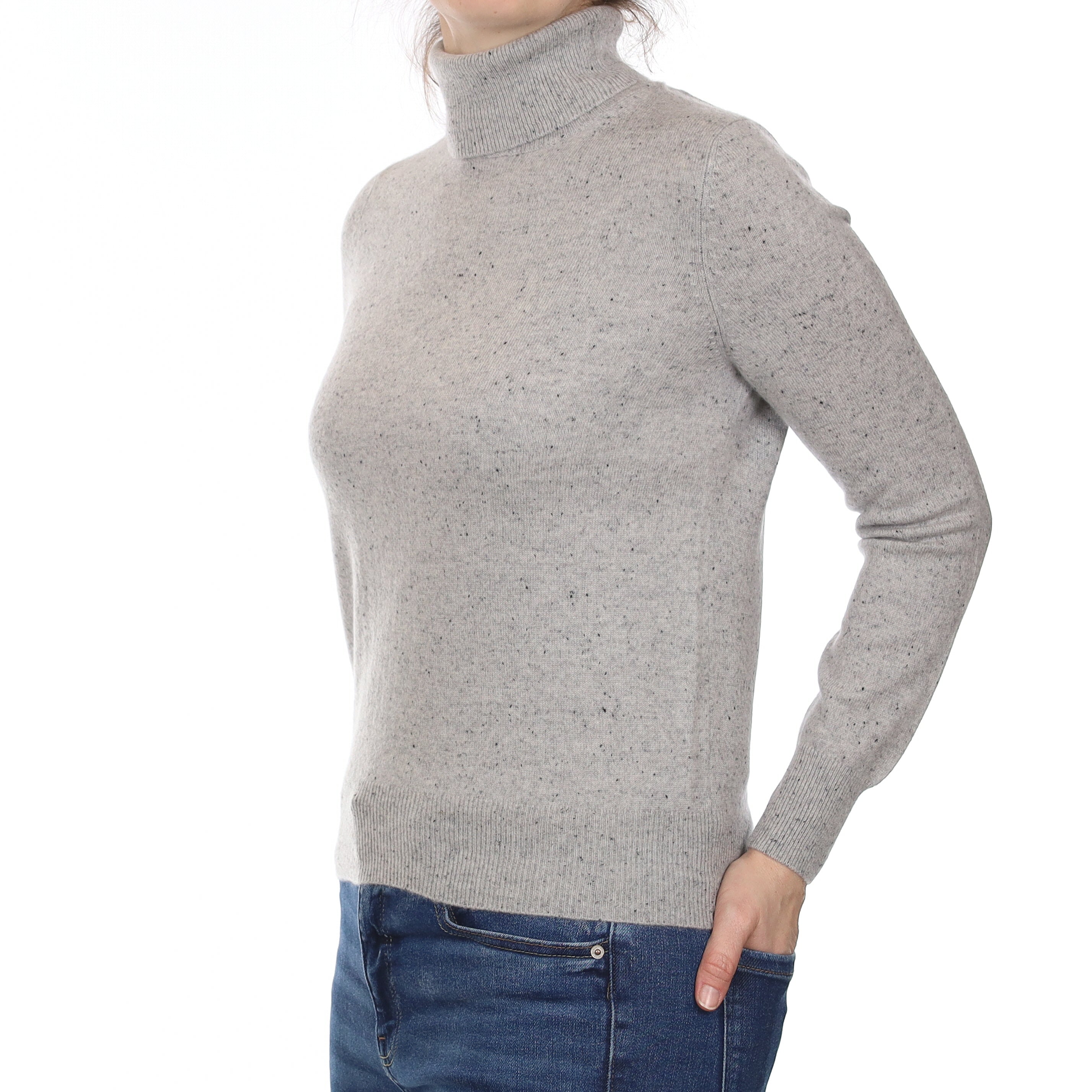 Grey Flecked Cashmere Polo Neck Jumper Small