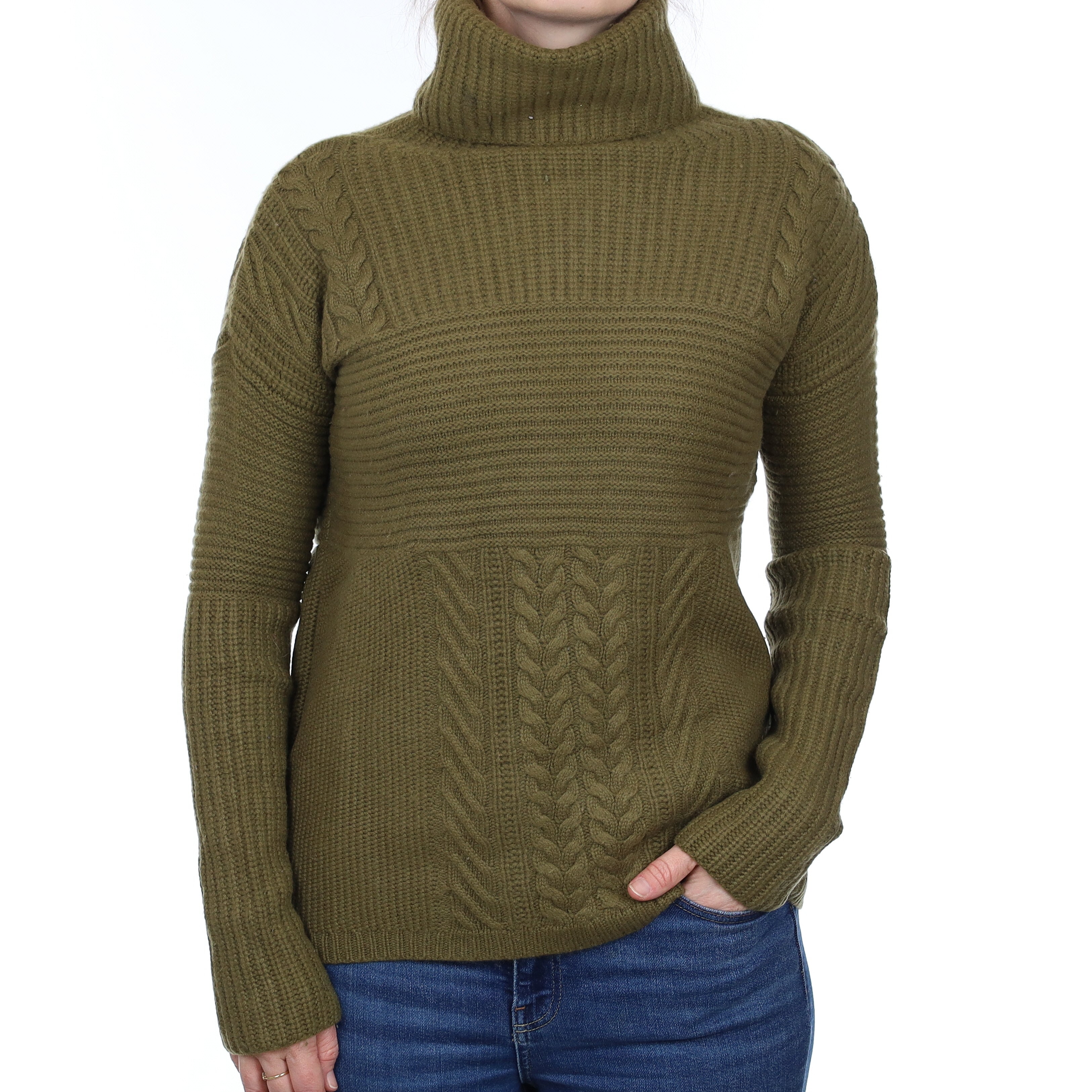 Olive Green Extra Chunky Cashmere Polo Neck Jumper Small