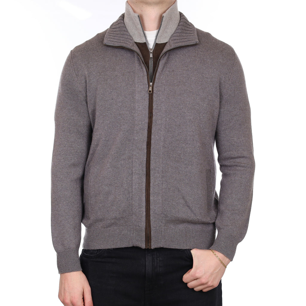 Men's Italian Fedeli Mink Brown Cashmere Zip Up Cardigan XL