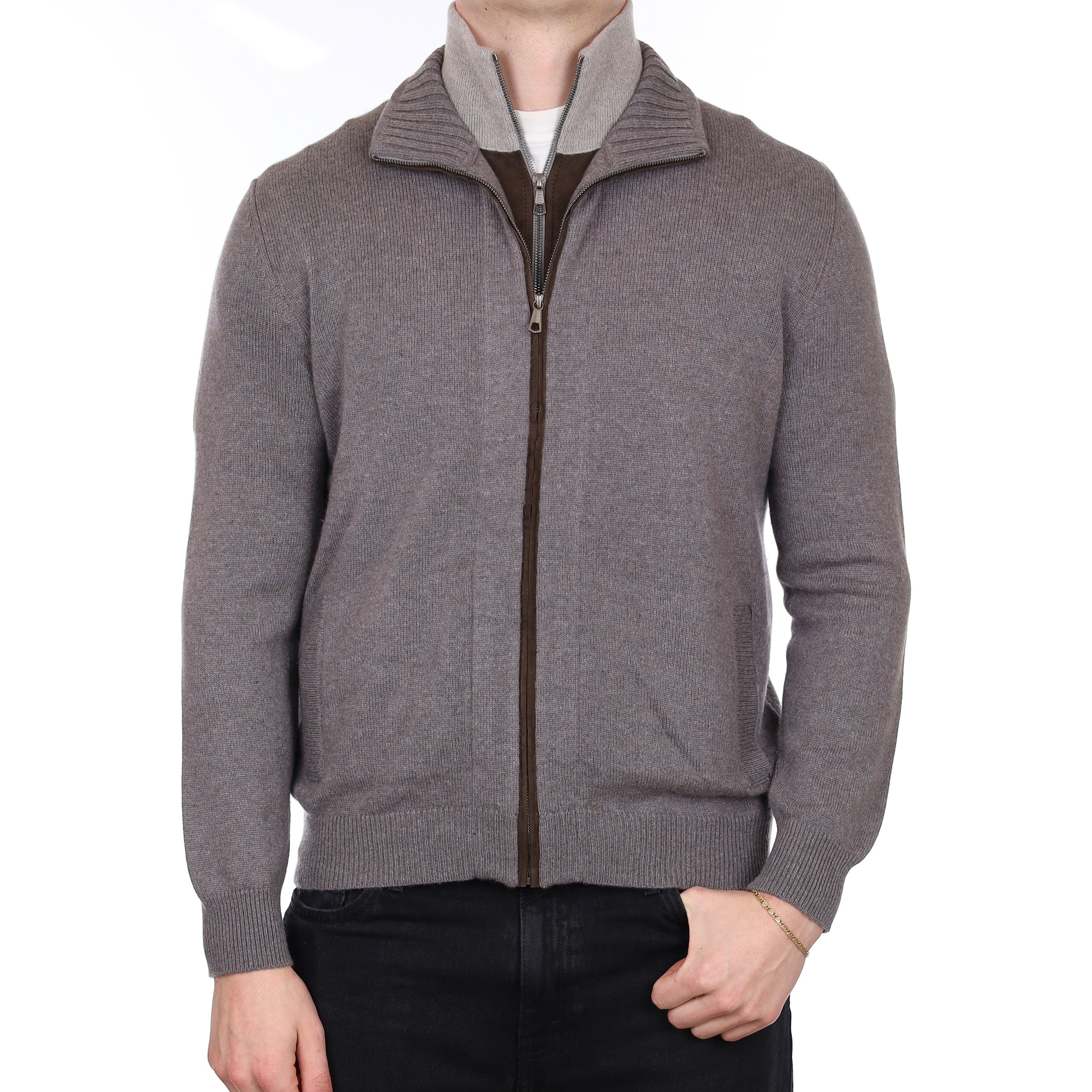 Men's Italian Fedeli Mink Brown Cashmere Zip Up Cardigan XL