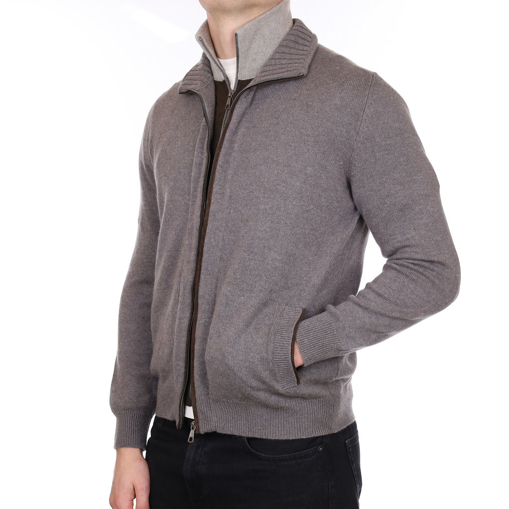 Men's Italian Fedeli Mink Brown Cashmere Zip Up Cardigan XL