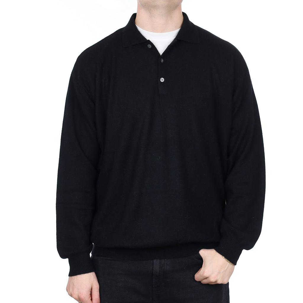 Men's Black Cashmere Collared 1/4 Button Jumper XXL