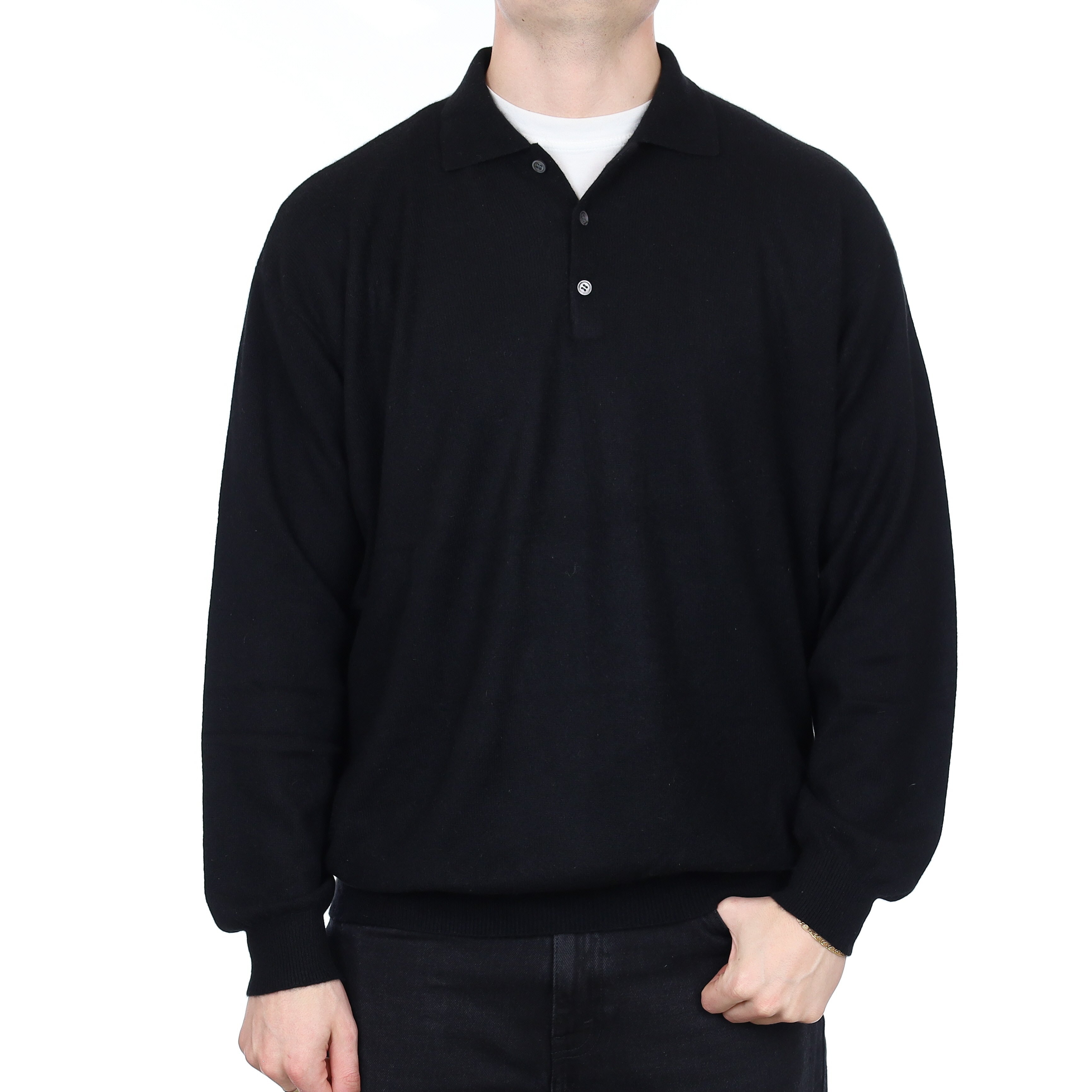 Men's Black Cashmere Collared 1/4 Button Jumper XXL