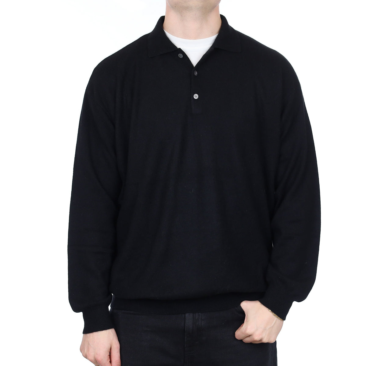 Men's Black Cashmere Collared 1/4 Button Jumper XXL