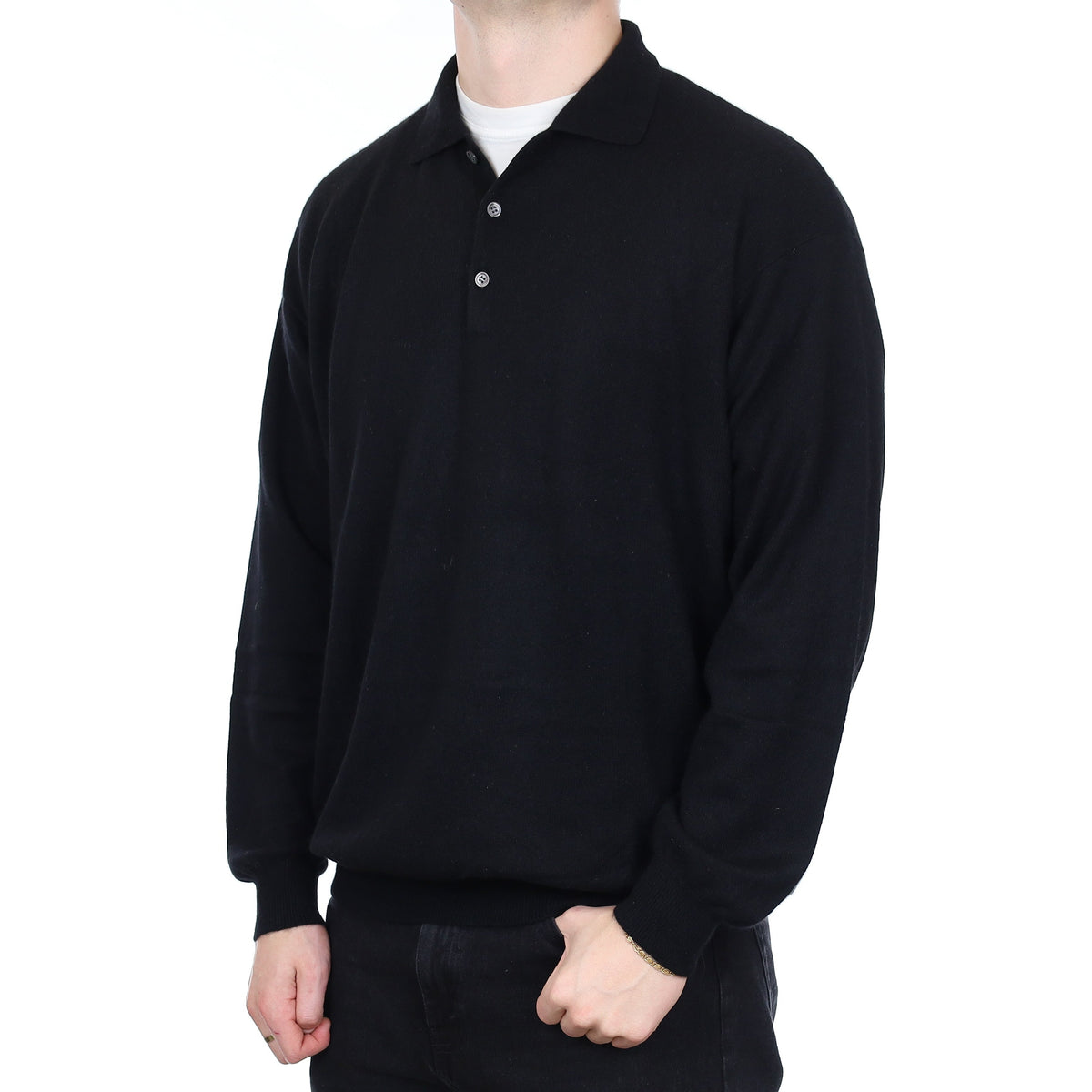 Men's Black Cashmere Collared 1/4 Button Jumper XXL
