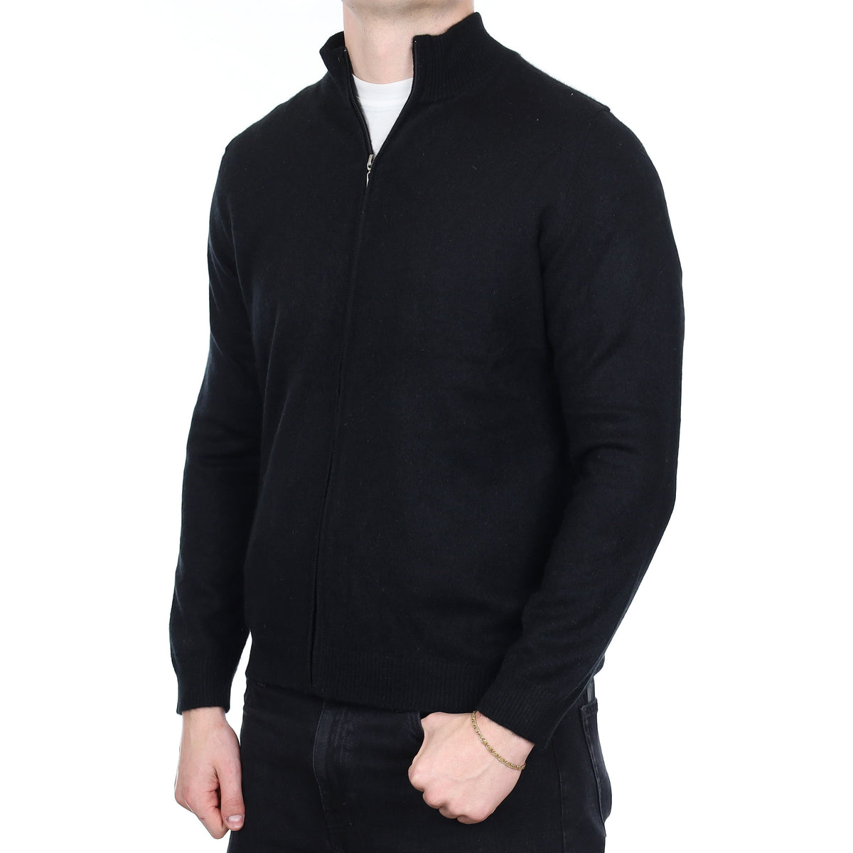 Men's Black Cashmere Zip Up Turtle Neck Cardigan XL