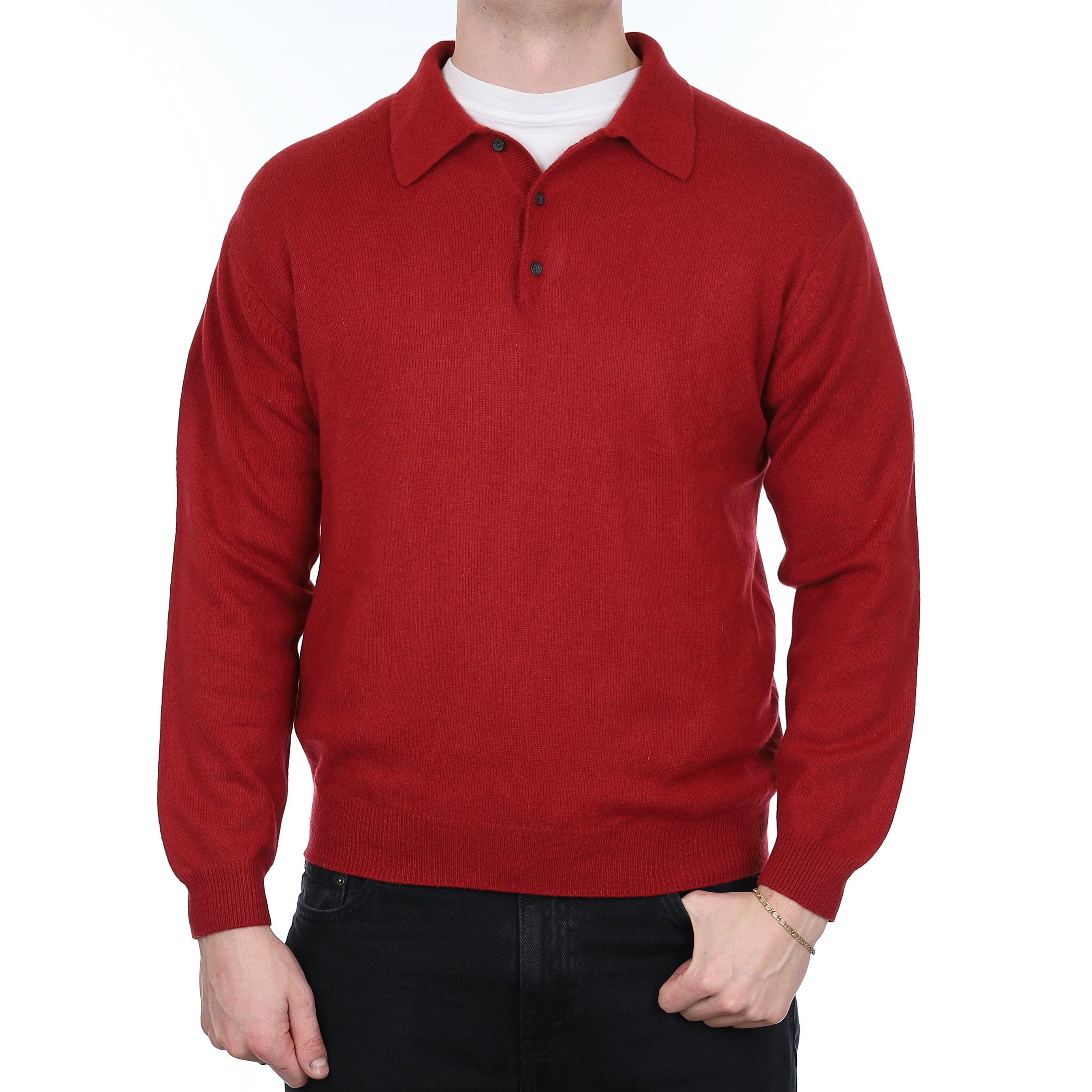 Men's Crimson Red Cashmere Collared 1/4 Button Jumper XL