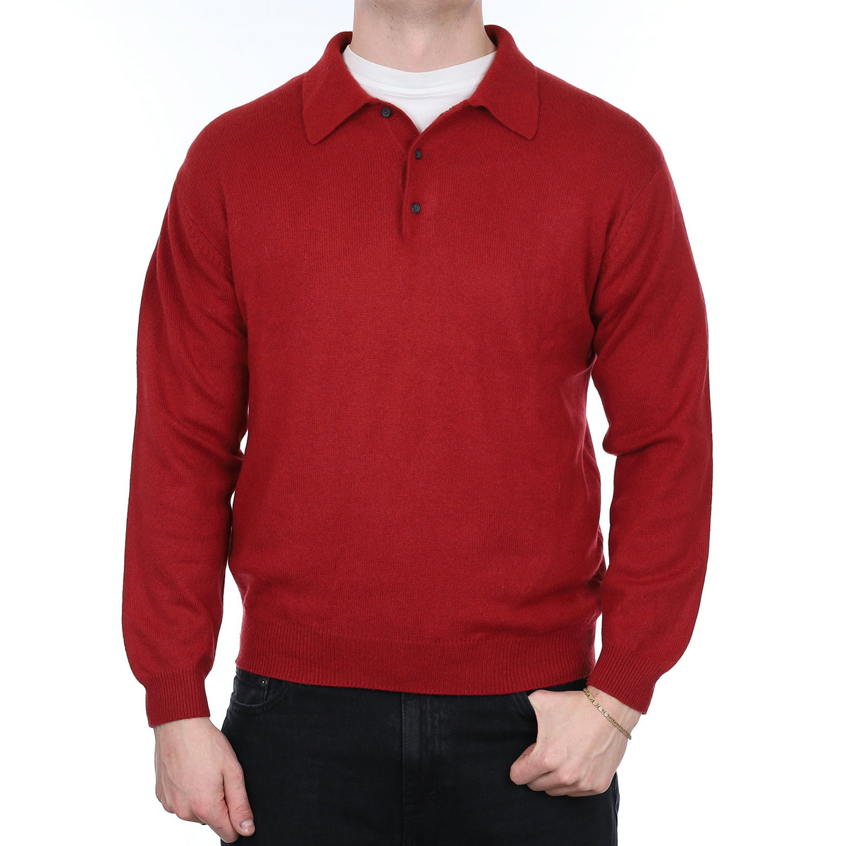 Men's Crimson Red Cashmere Collared 1/4 Button Jumper XL