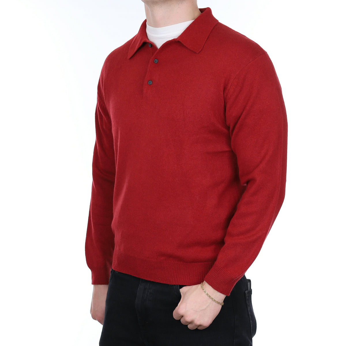 Men's Crimson Red Cashmere Collared 1/4 Button Jumper XL