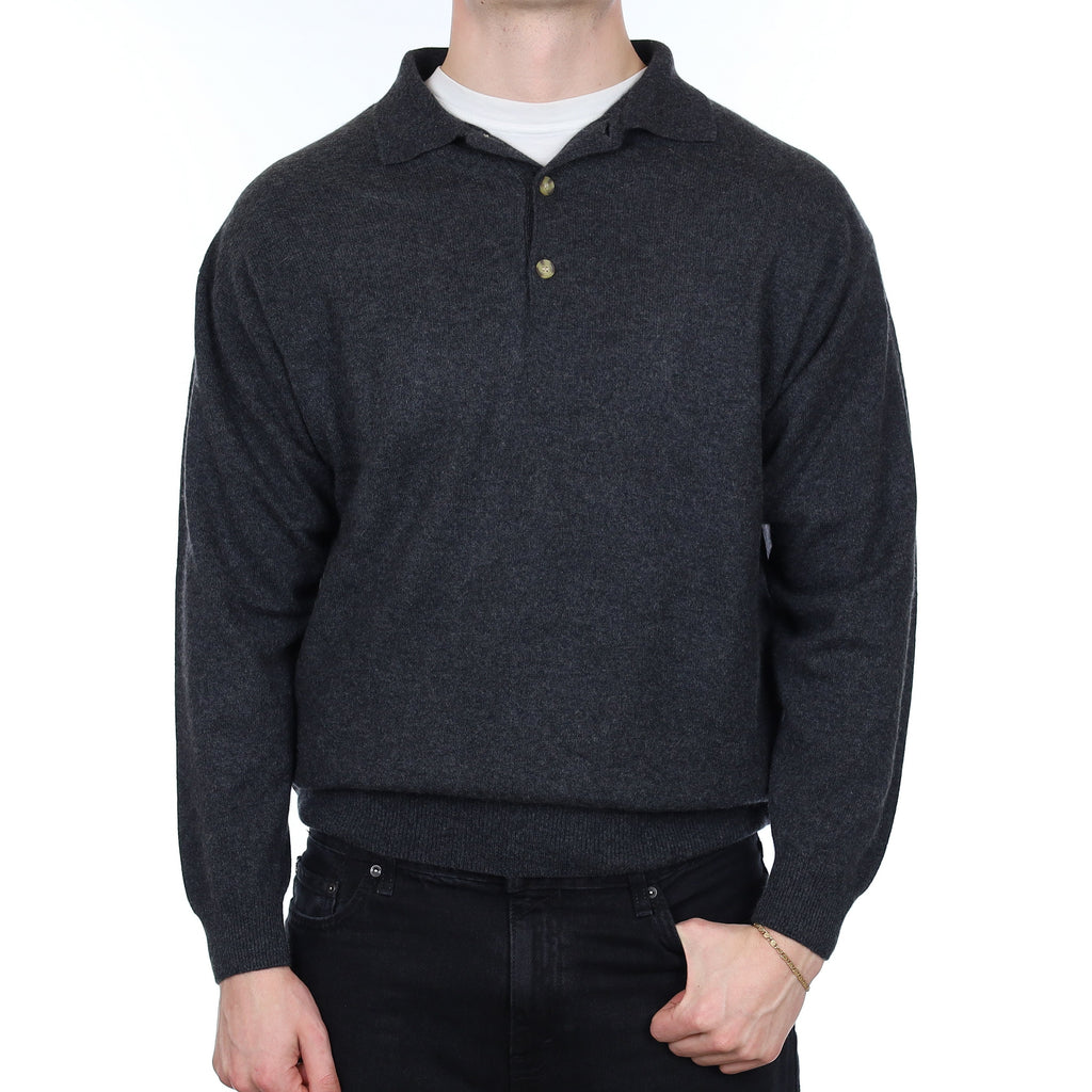 Men's Charcoal Grey Cashmere Collared 1/4 Button Jumper XL