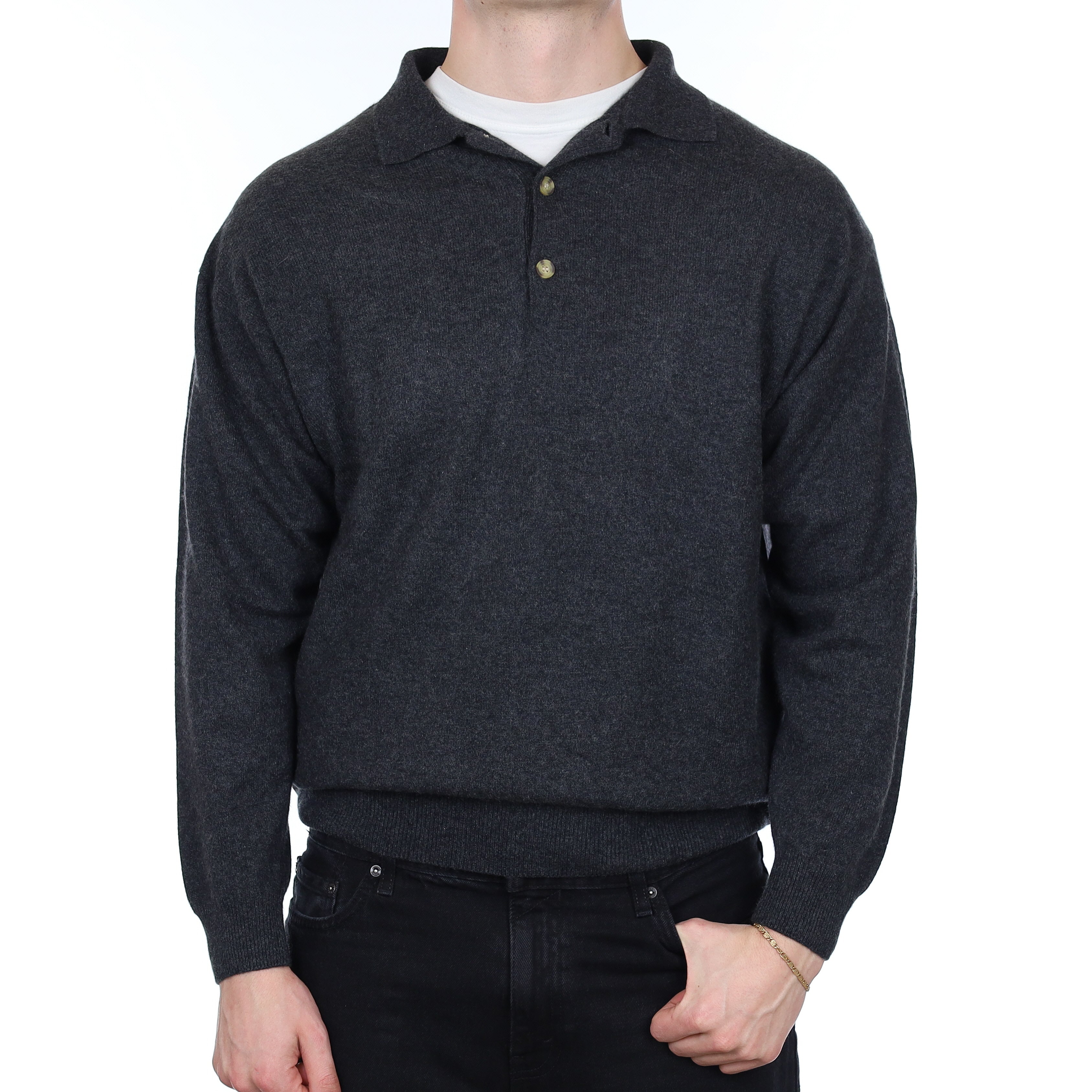 Men's Charcoal Grey Cashmere Collared 1/4 Button Jumper XL