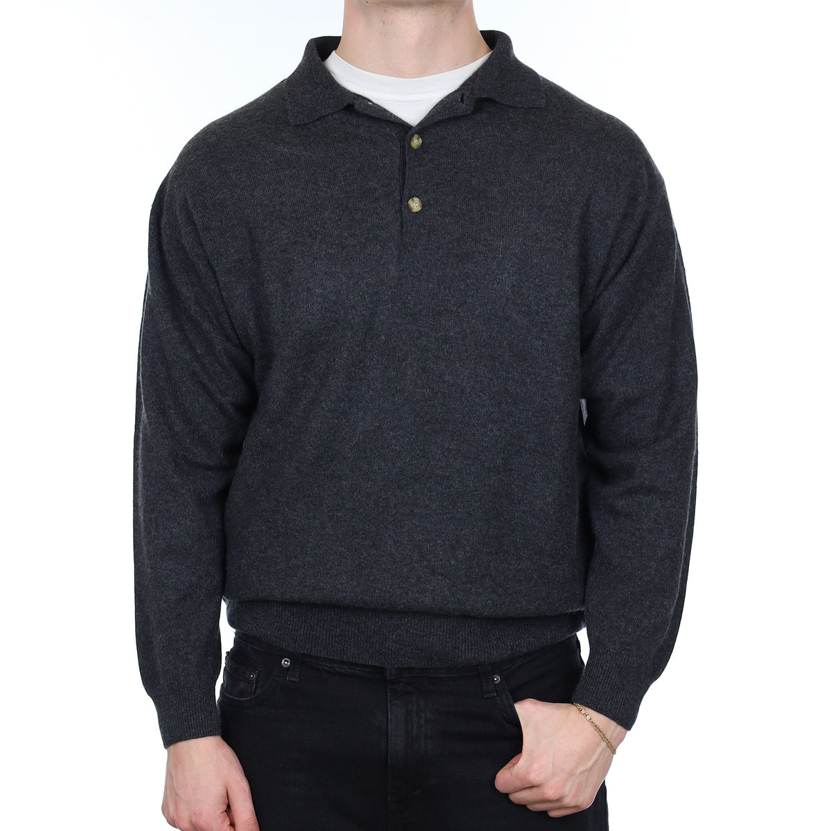 Men's Charcoal Grey Cashmere Collared 1/4 Button Jumper XL