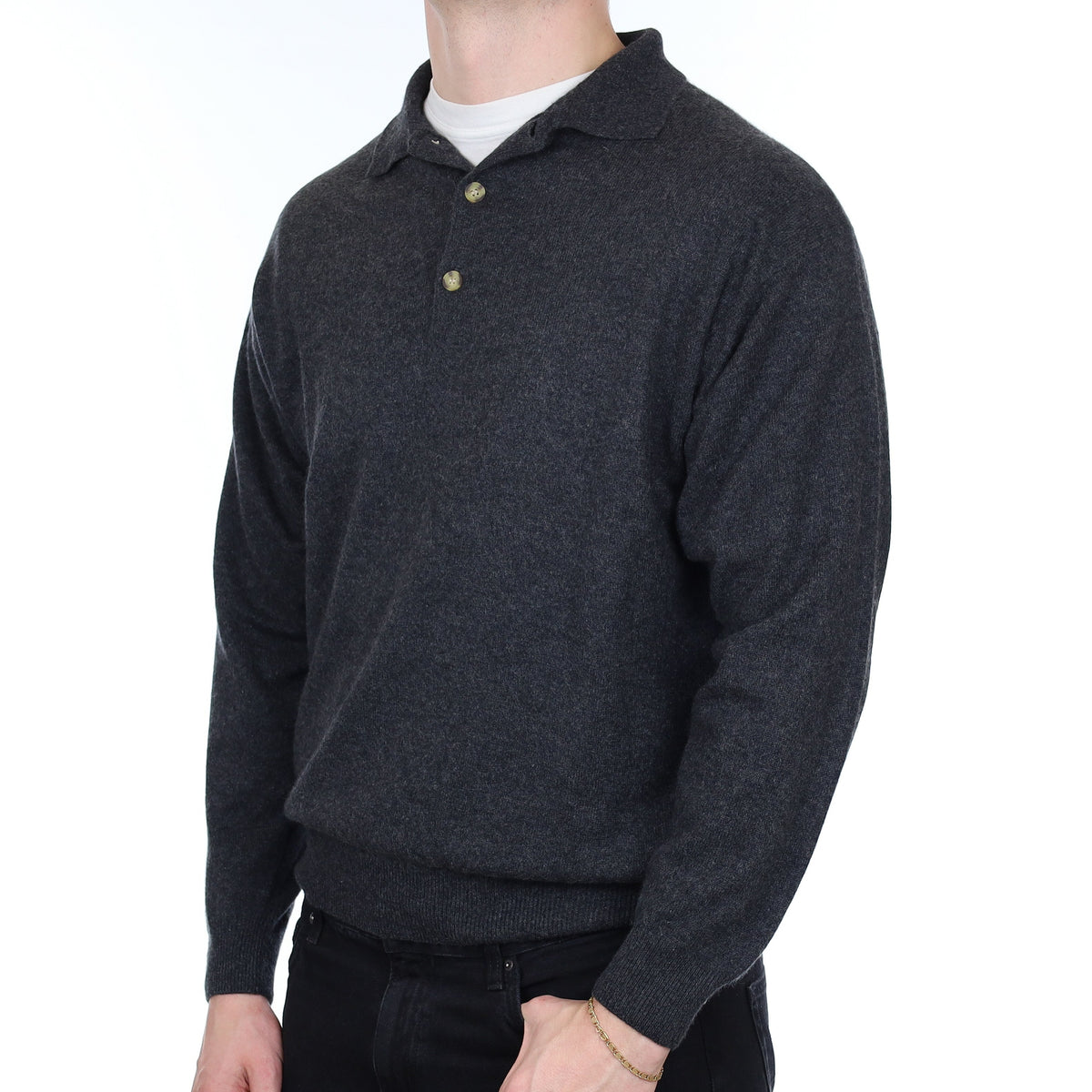Men's Charcoal Grey Cashmere Collared 1/4 Button Jumper XL