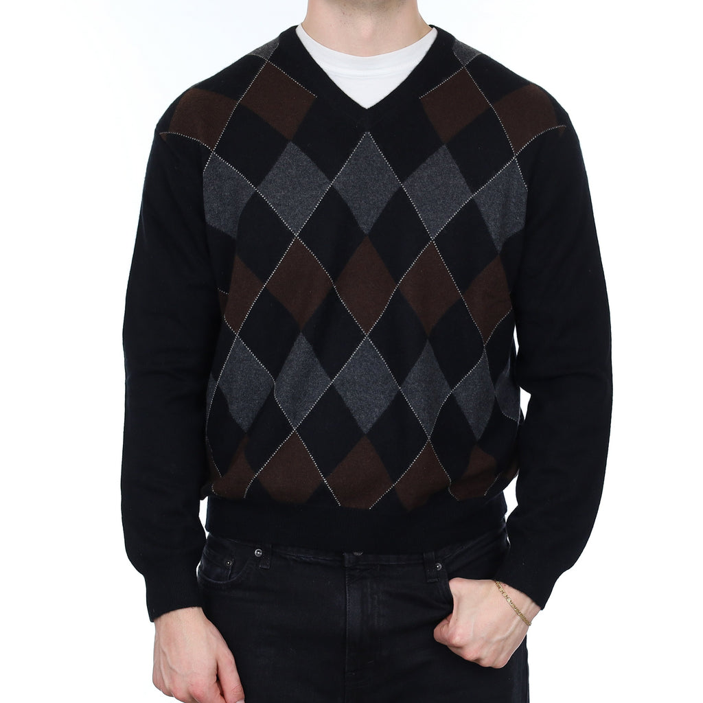 Men's Black and Brown Diamond Cashmere V Neck Jumper XL