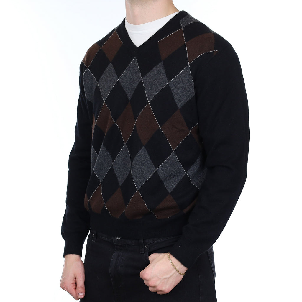 Men's Black and Brown Diamond Cashmere V Neck Jumper XL