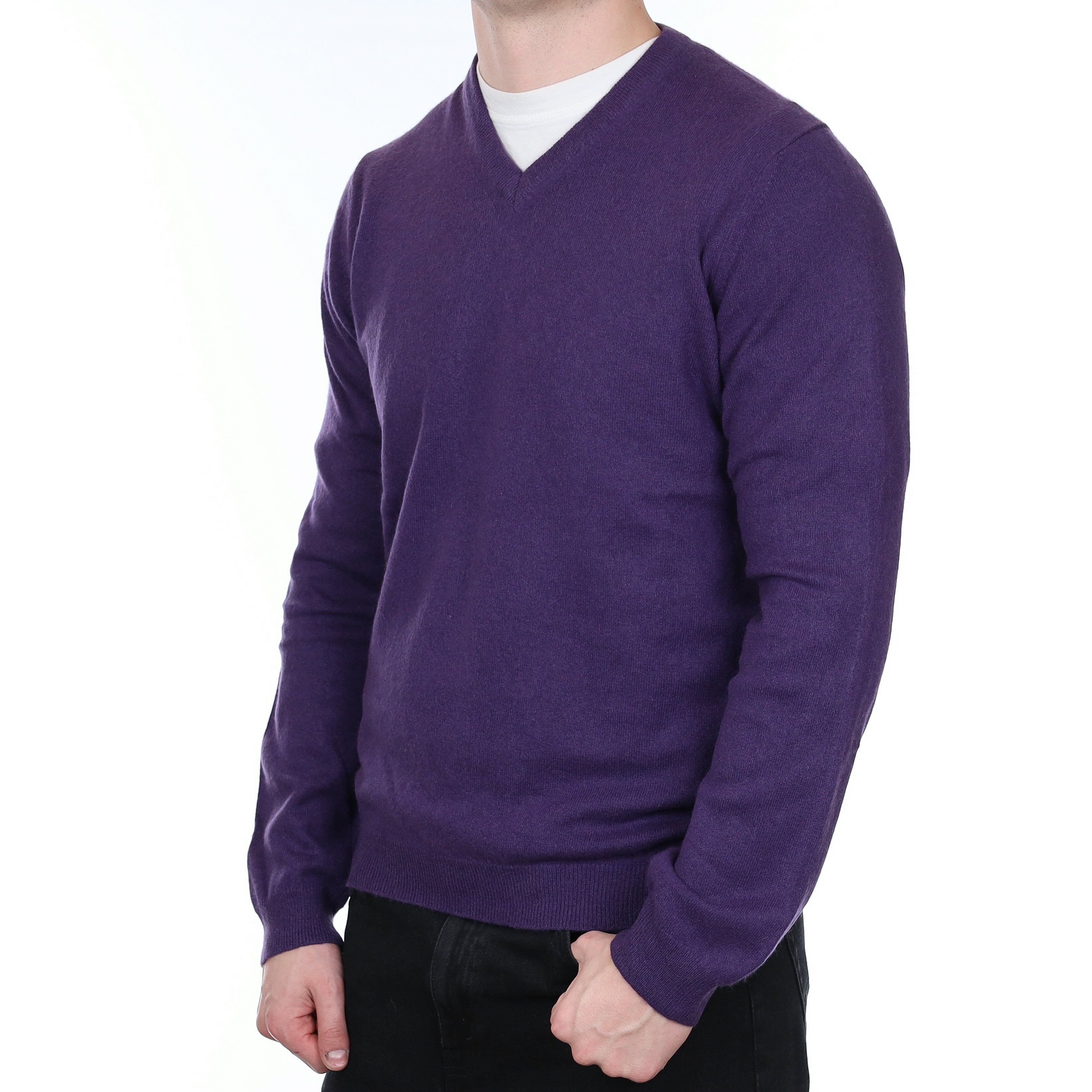 Men's Iris Purple Cashmere V Neck Jumper XL