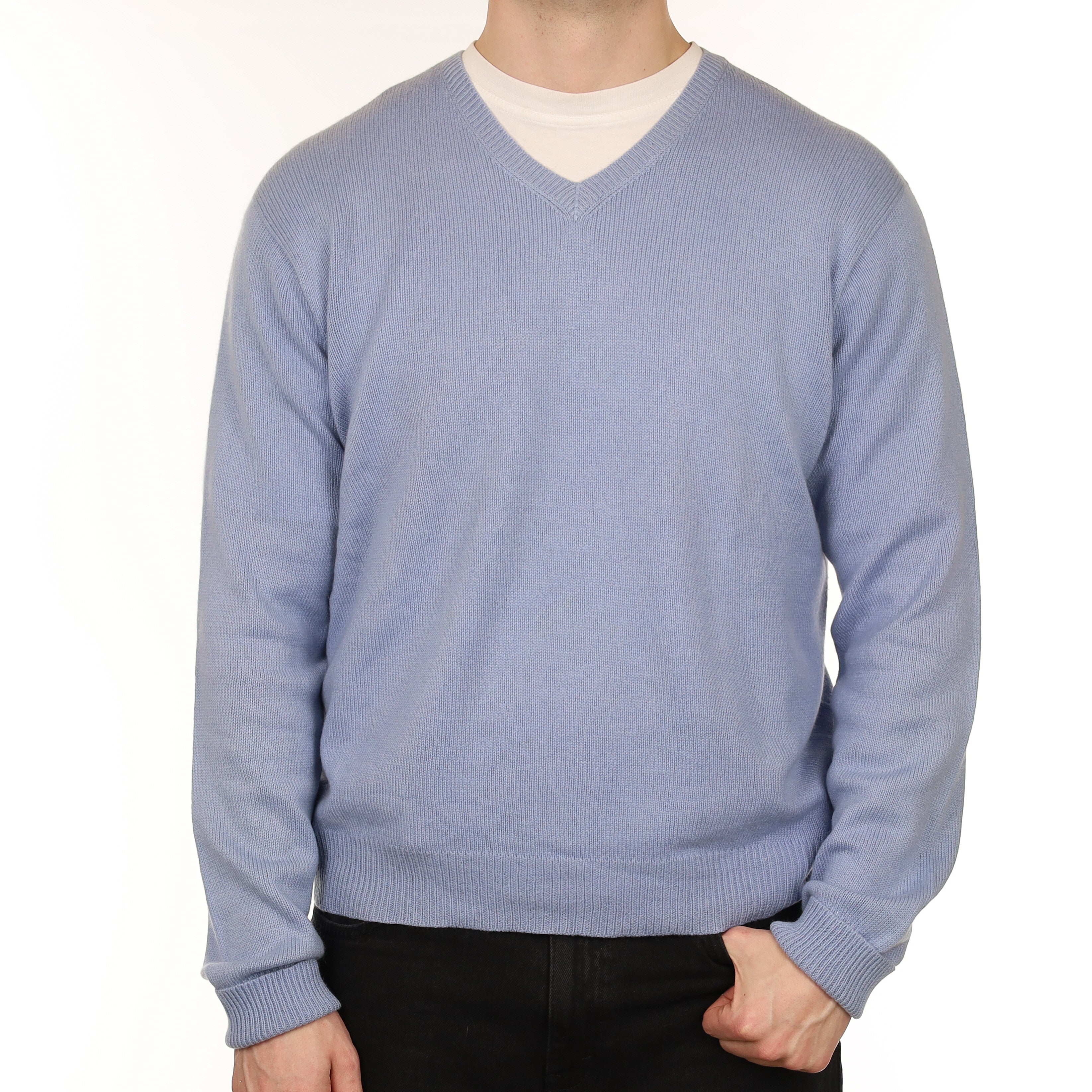 Men's Italian Ralph Lauren Baby Blue Cashmere V Neck Jumper XL