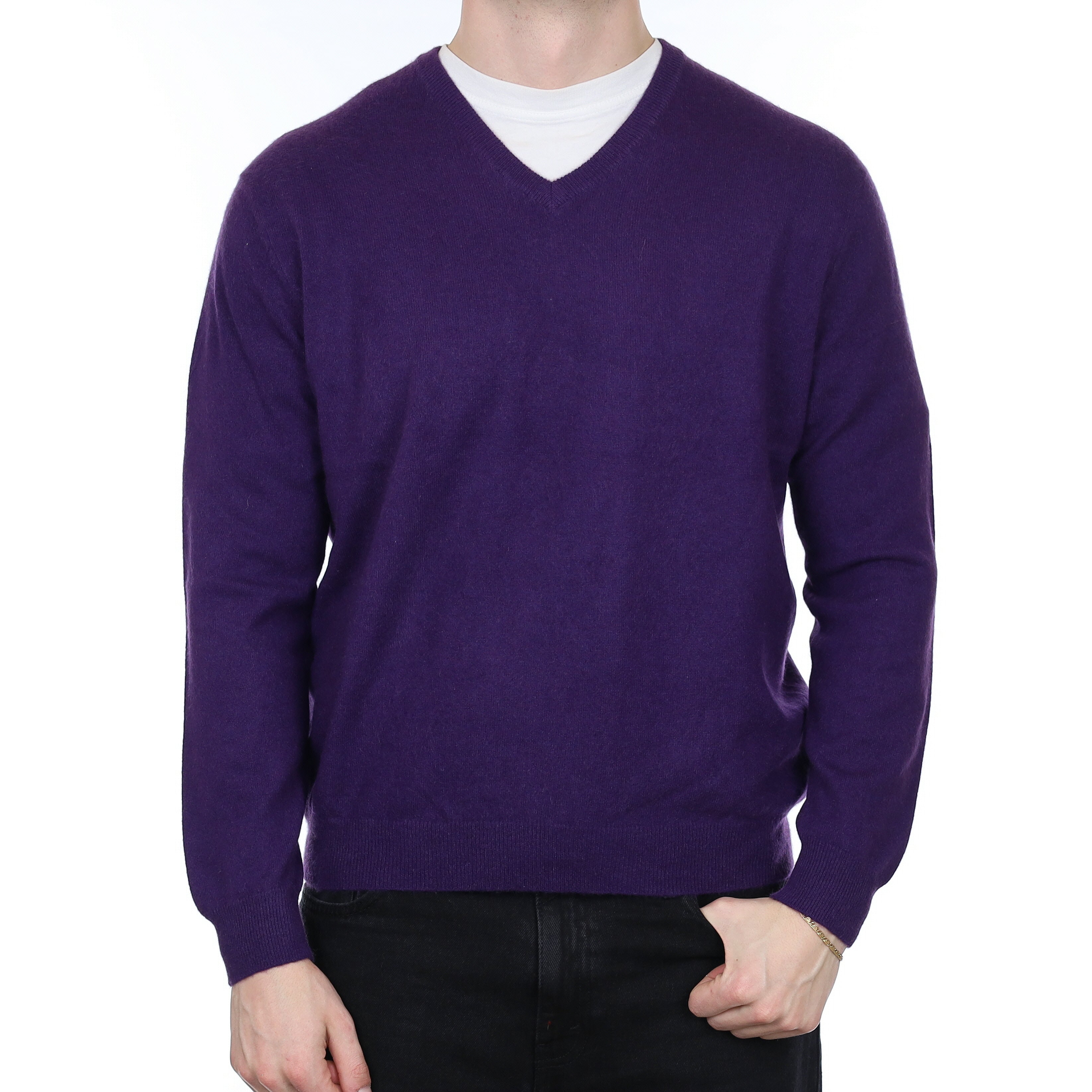 Men's Regal Purple Cashmere V Neck Jumper XL
