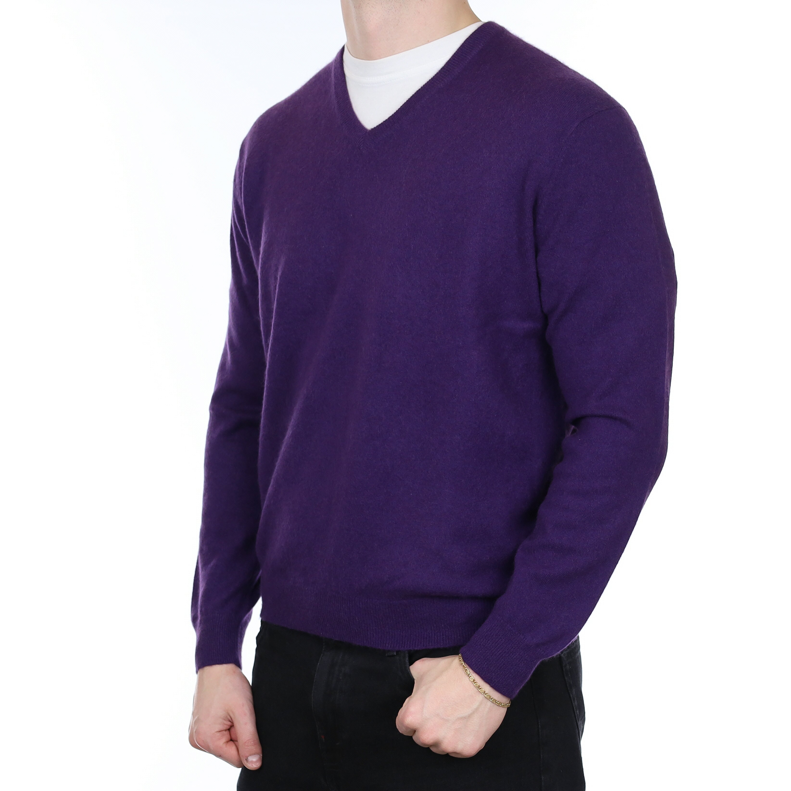 Men's Regal Purple Cashmere V Neck Jumper XL