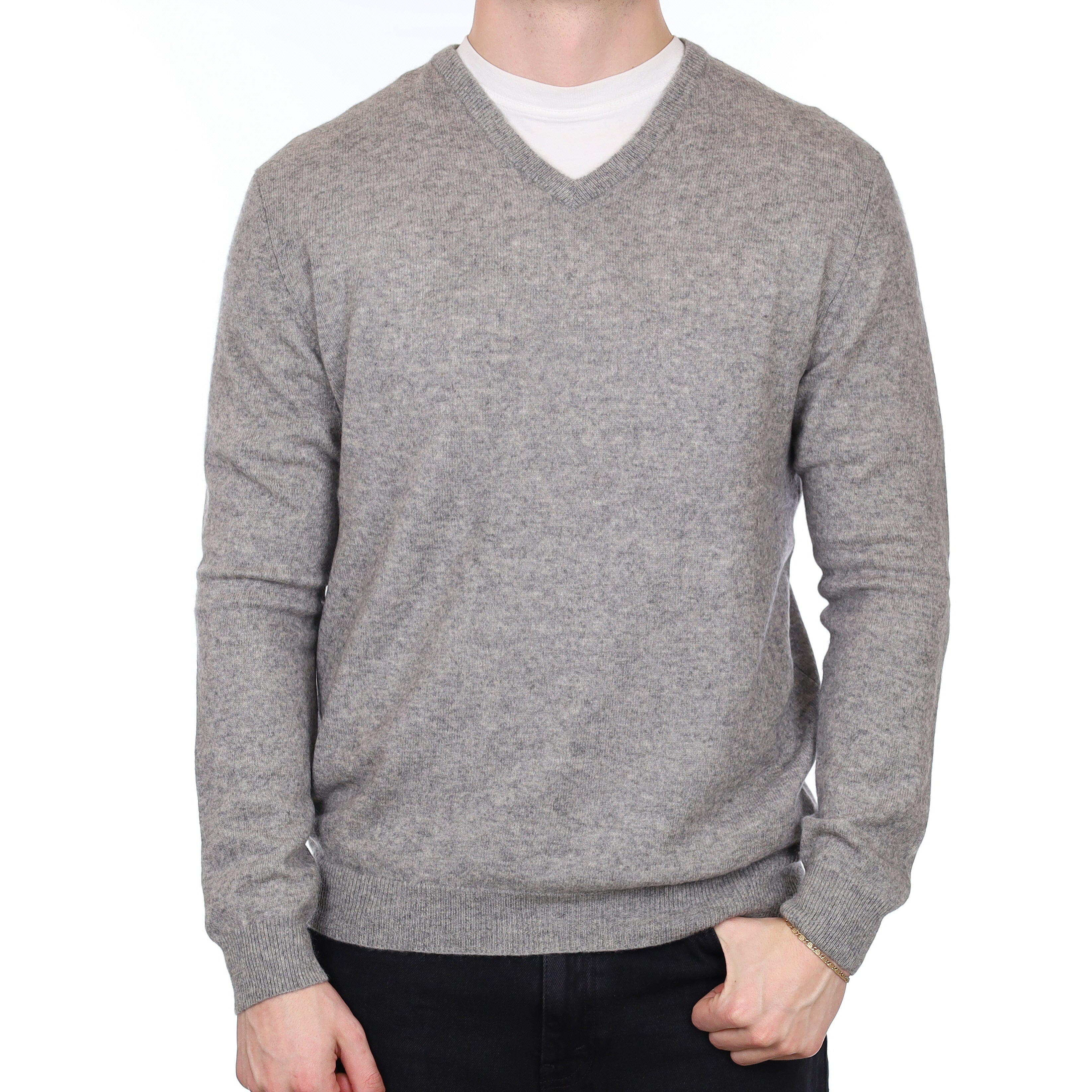 Men's Smoke Grey Cashmere V Neck Jumper XL