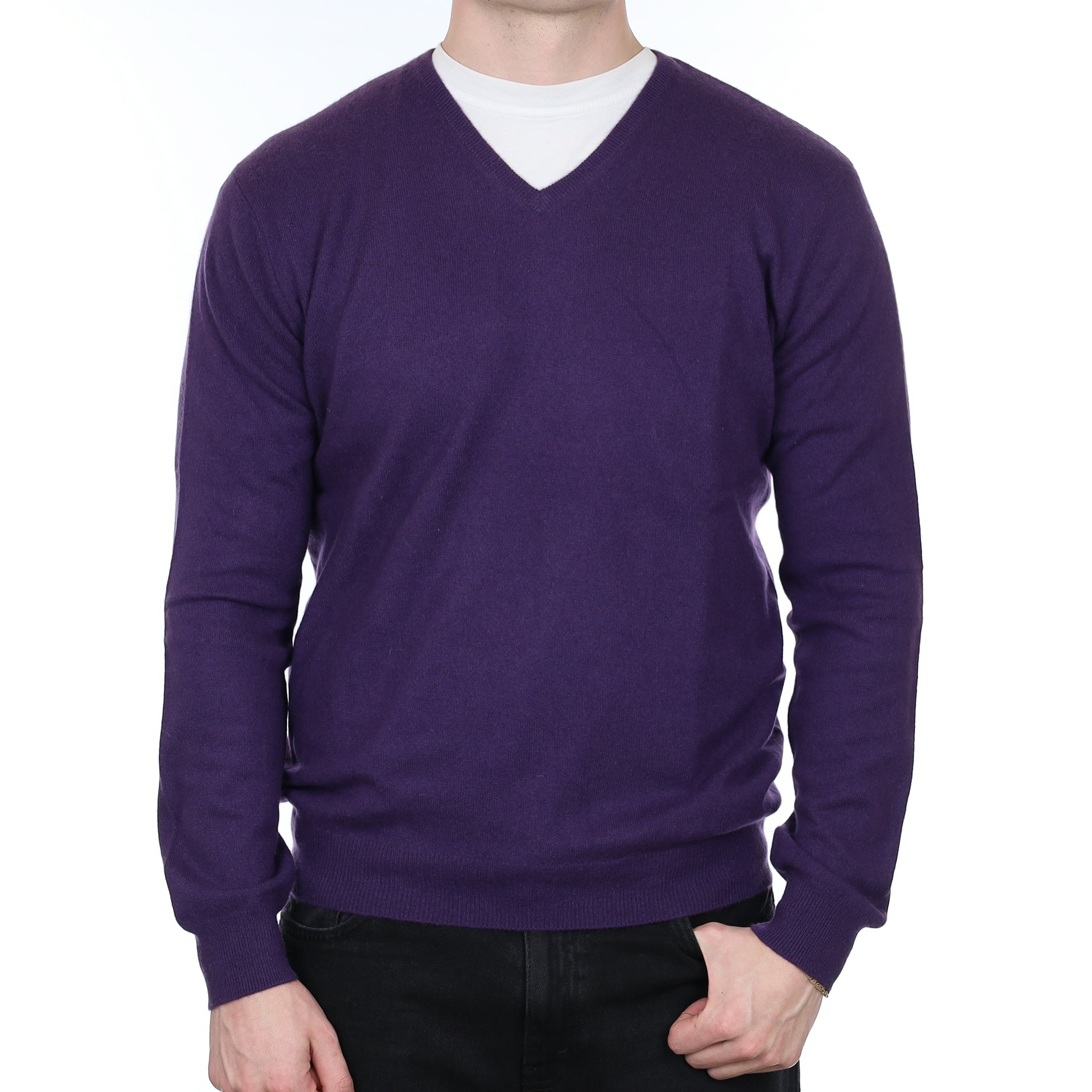 Men's Blueberry Purple Cashmere V Neck Jumper XL