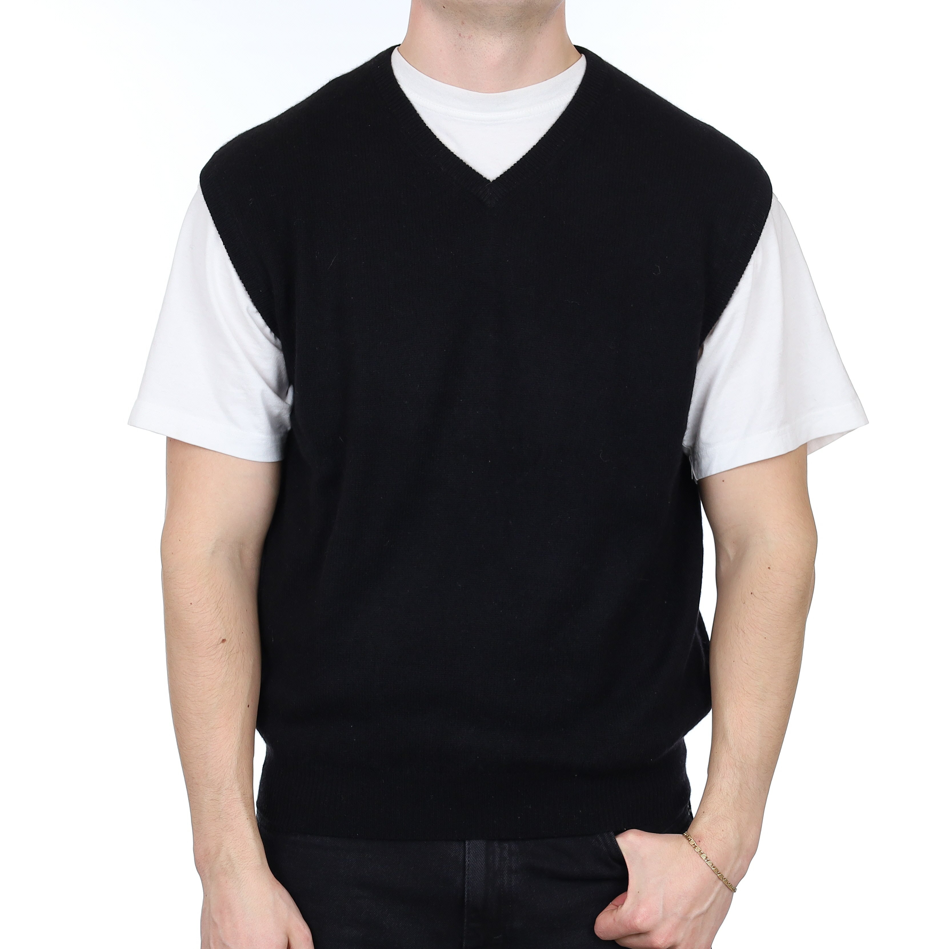 Men's Black Cashmere V Neck Tank Top XL