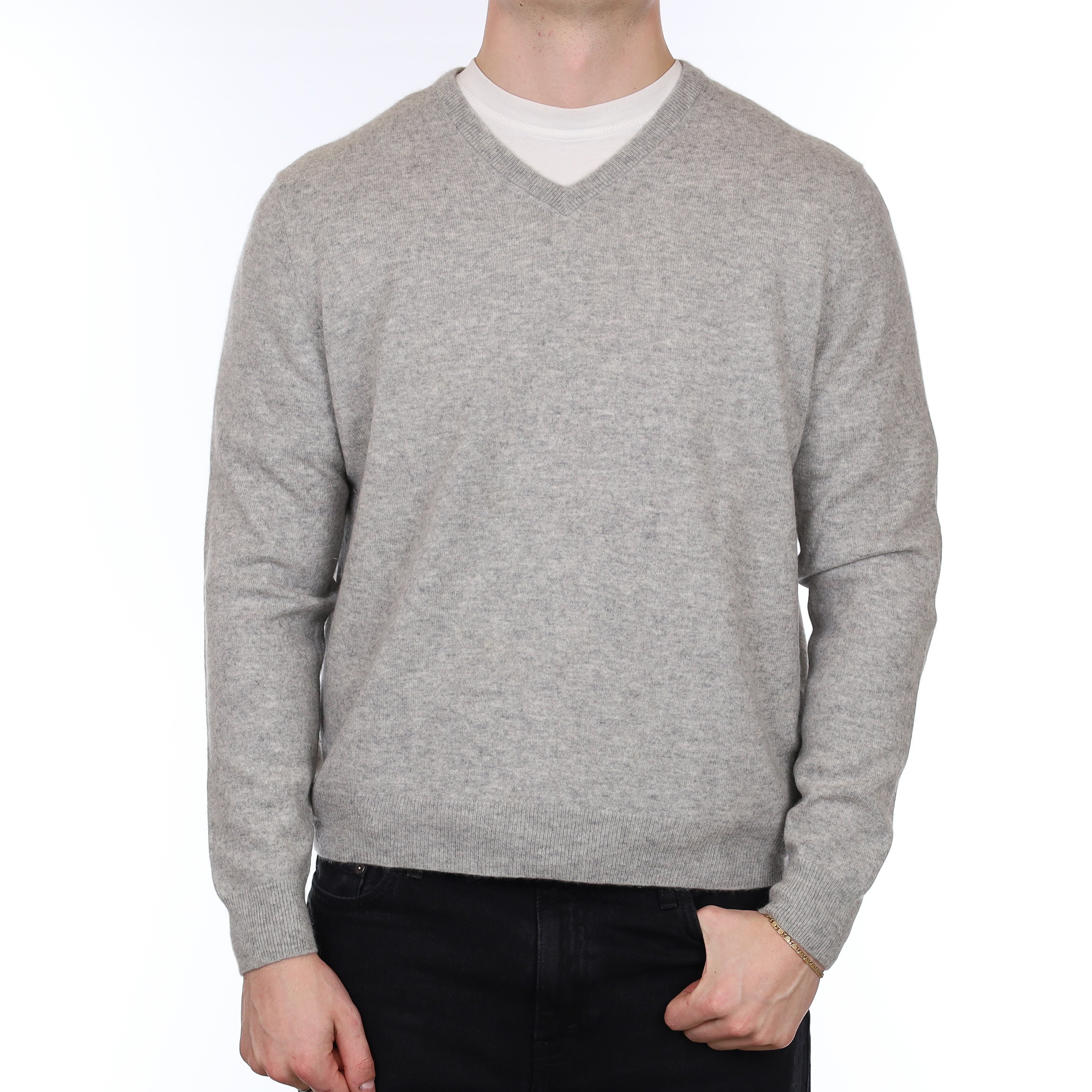 Men's Smoke Grey Cashmere V Neck Jumper XL