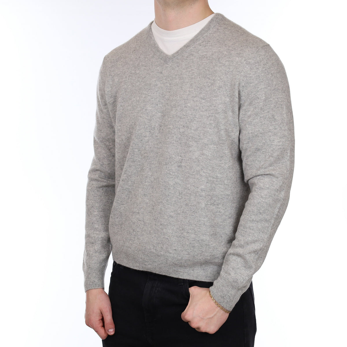 Men's Smoke Grey Cashmere V Neck Jumper XL