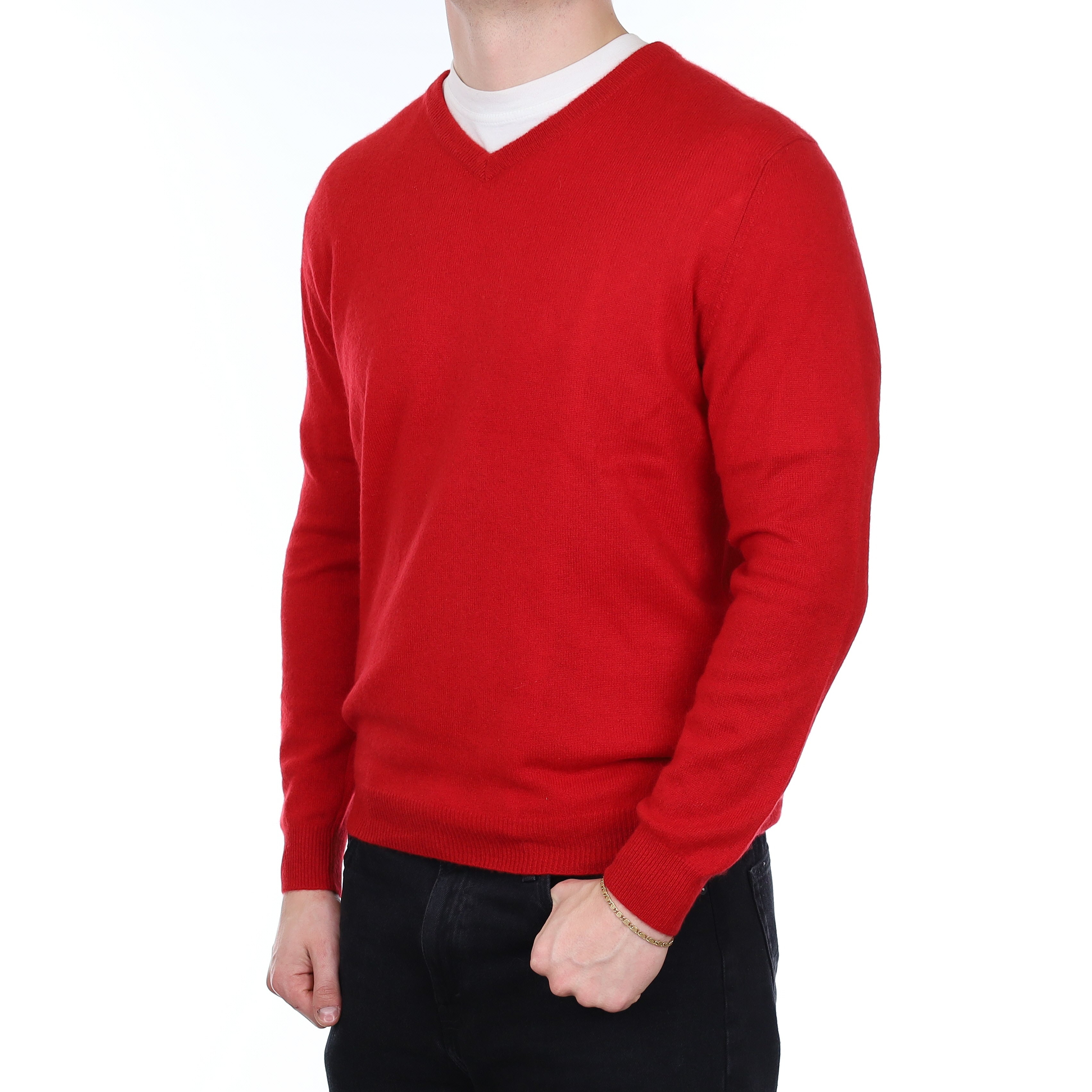 Men's Berry Red Cashmere V Neck Jumper XL