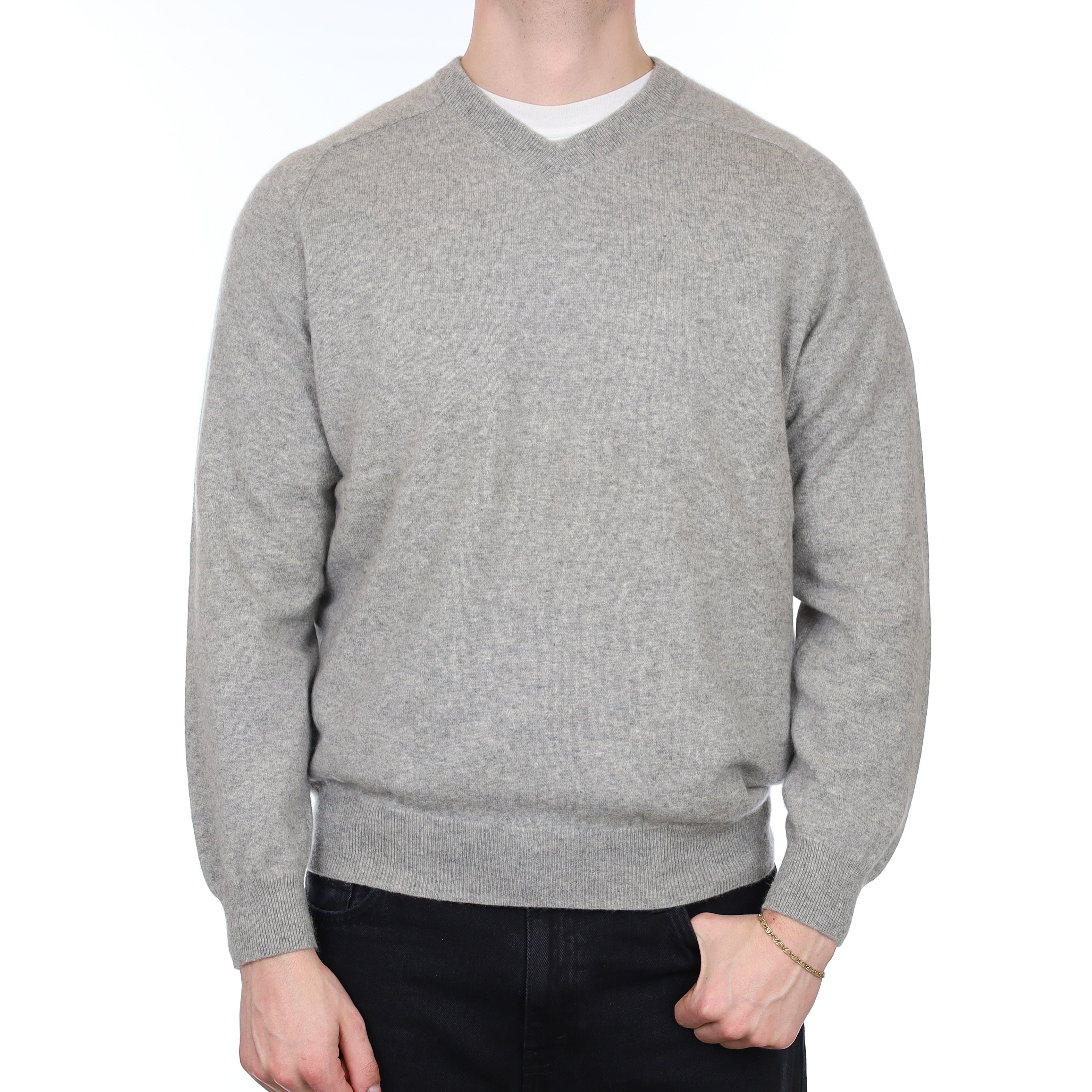 Men's Smoke Grey Cashmere V Neck Jumper XL