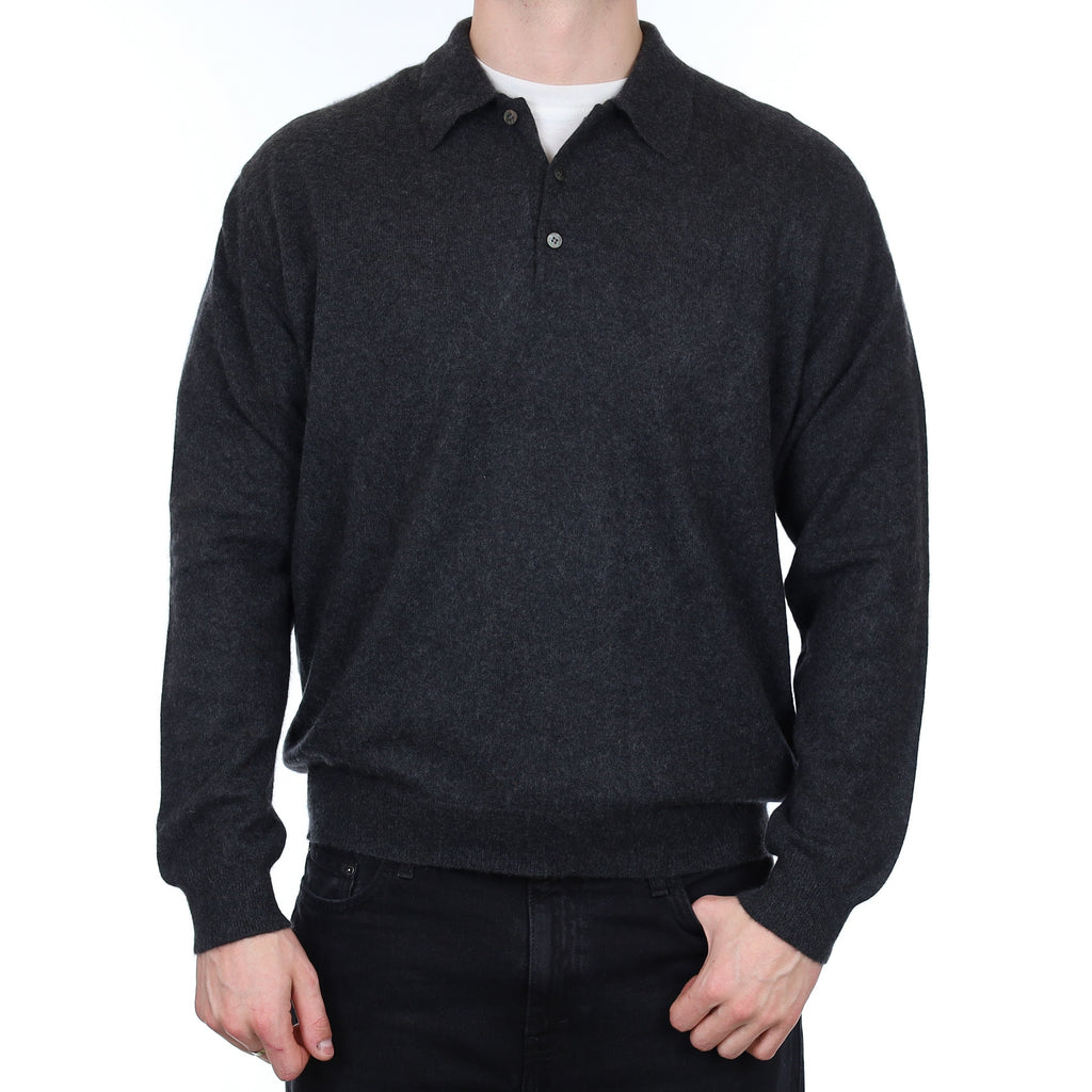 Men's Yorn Graphite Grey Cashmere Collared 1/4 Button Jumper XXL
