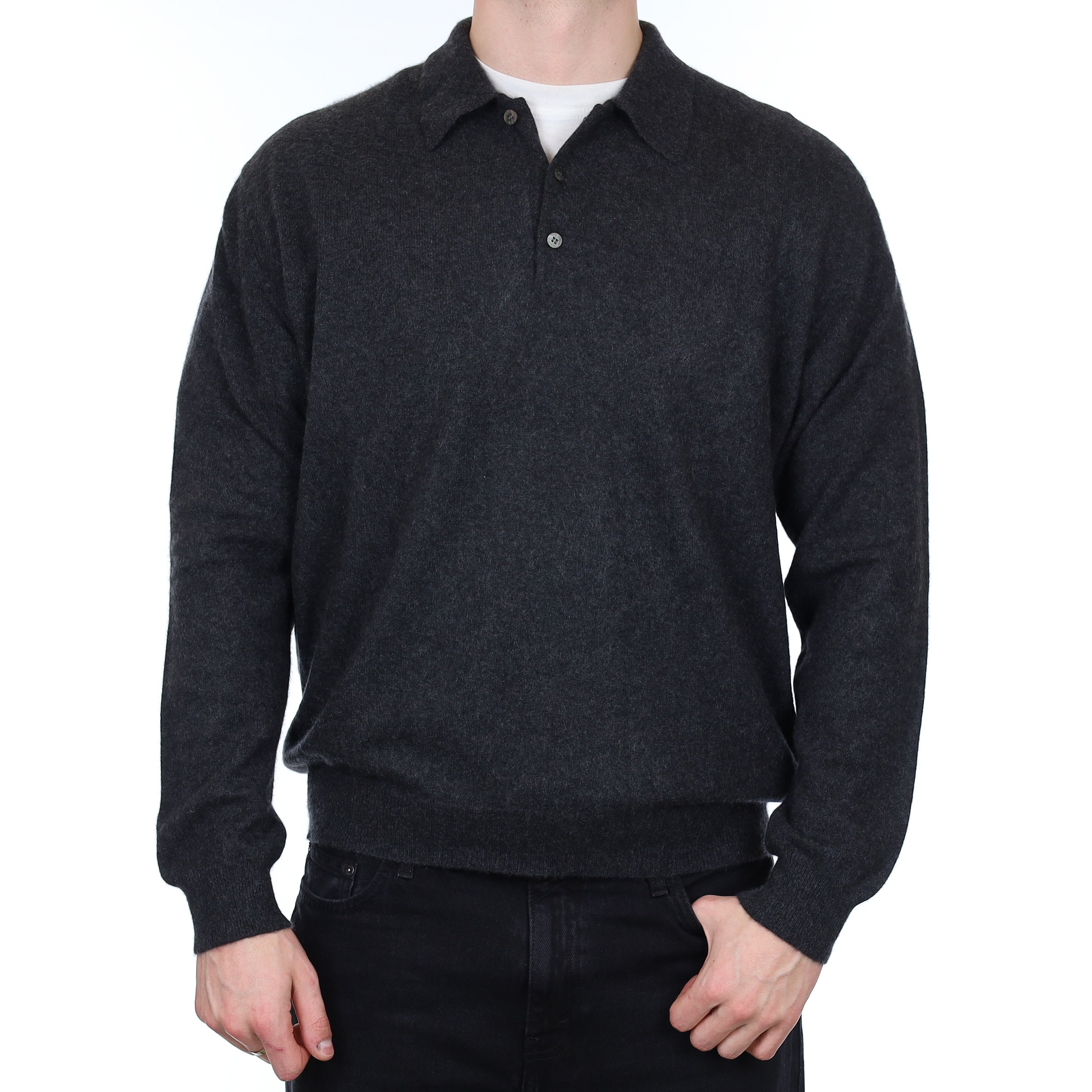 Men's Yorn Graphite Grey Cashmere Collared 1/4 Button Jumper XXL