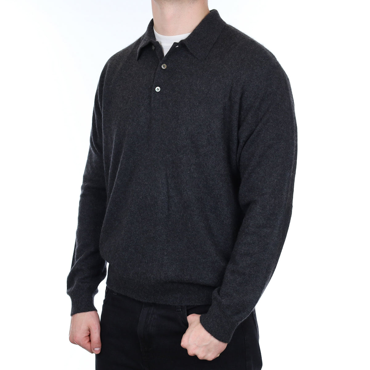 Men's Yorn Graphite Grey Cashmere Collared 1/4 Button Jumper XXL