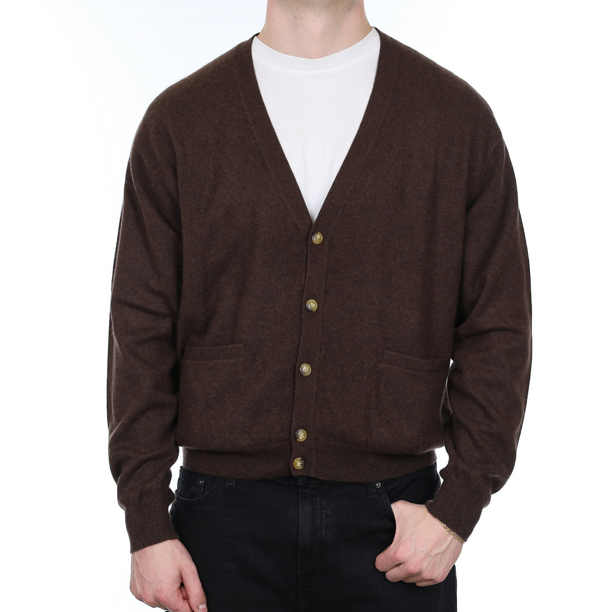Men's Orvis Chocolate Brown Cashmere V Neck Cardigan with Pockets XXL