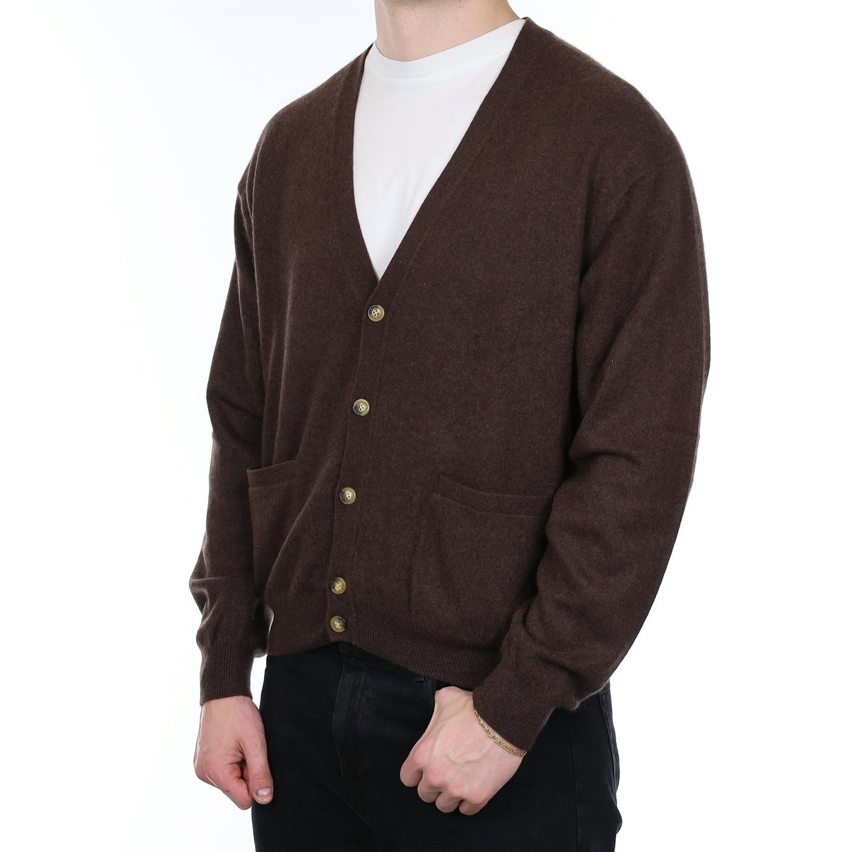 Men's Orvis Chocolate Brown Cashmere V Neck Cardigan with Pockets XXL