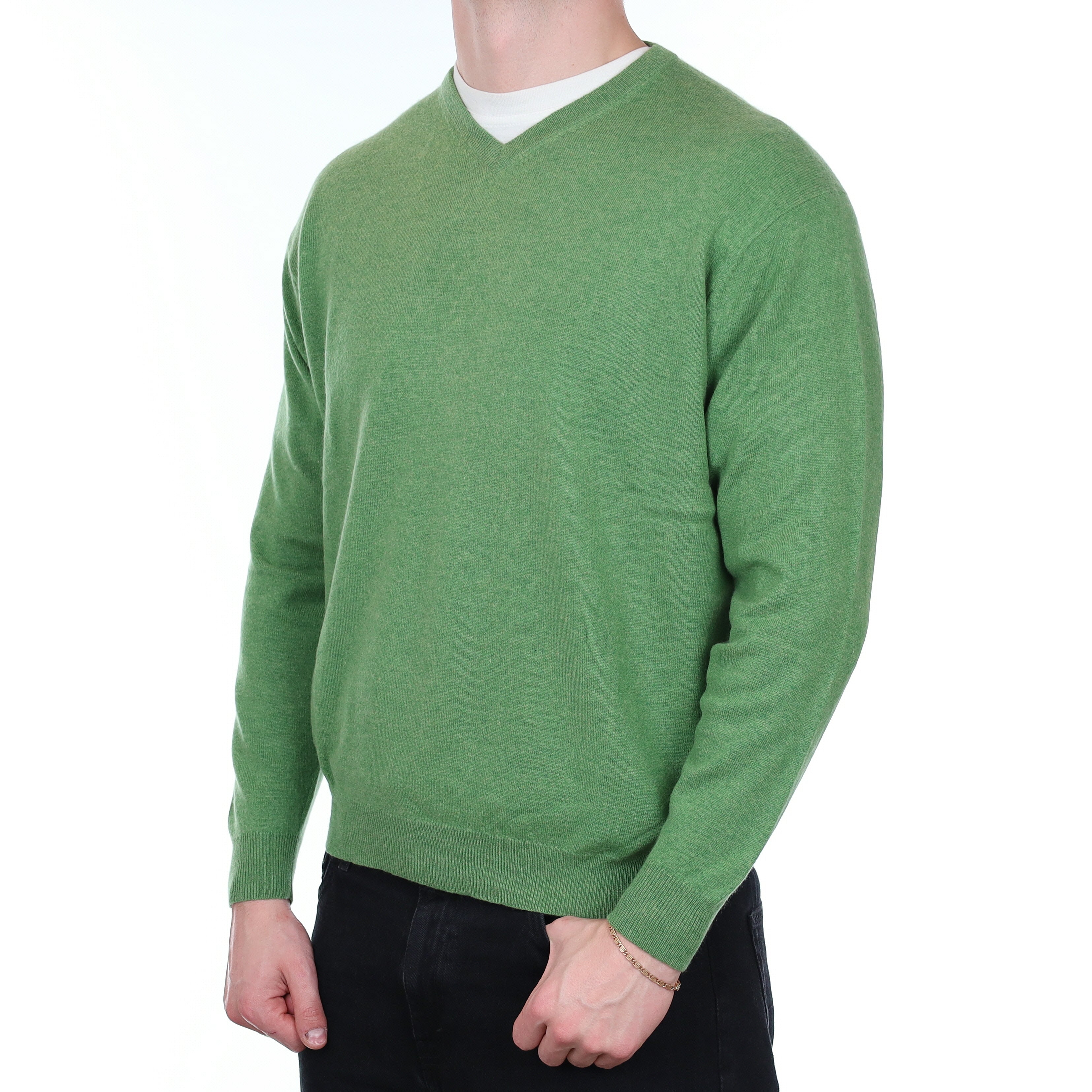 Men's Jade Green Cashmere V Neck Jumper XXL