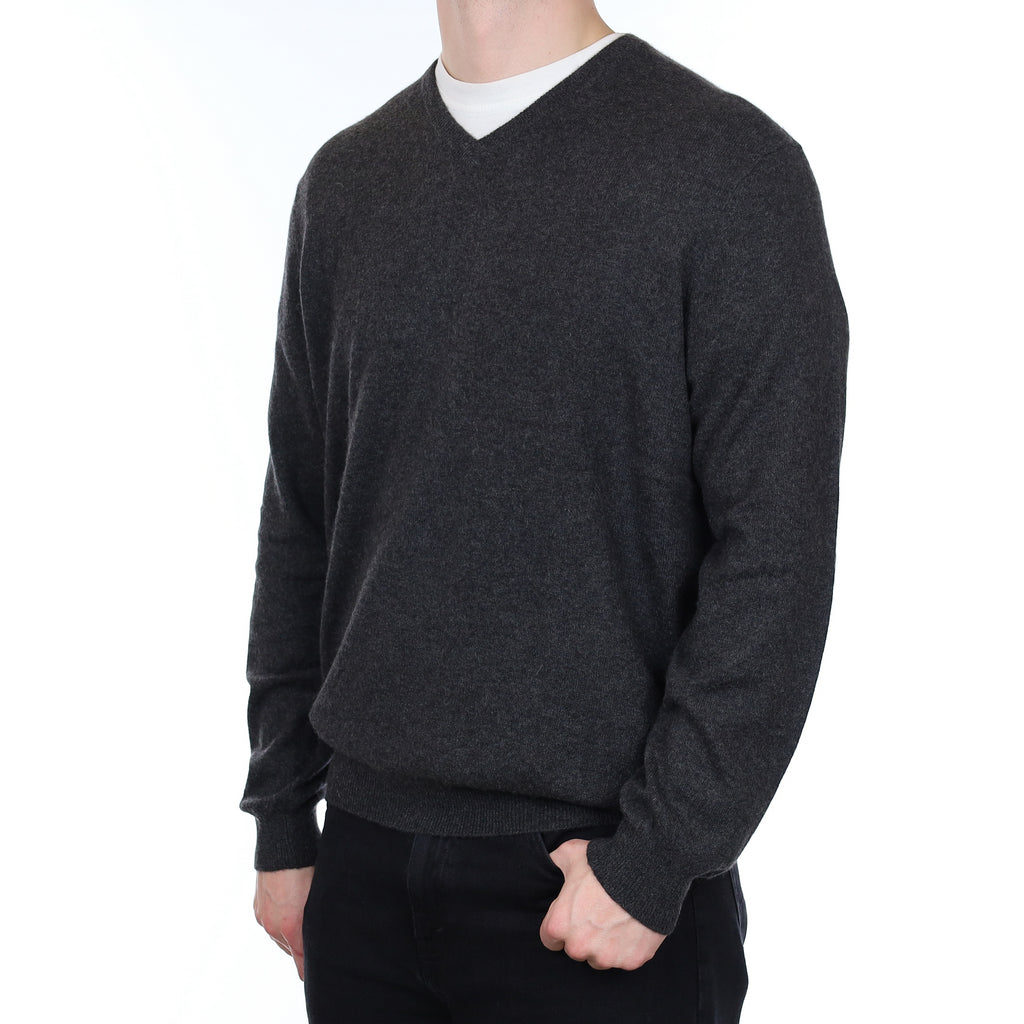 Men's Charcoal Grey Cashmere V Neck Jumper XXL