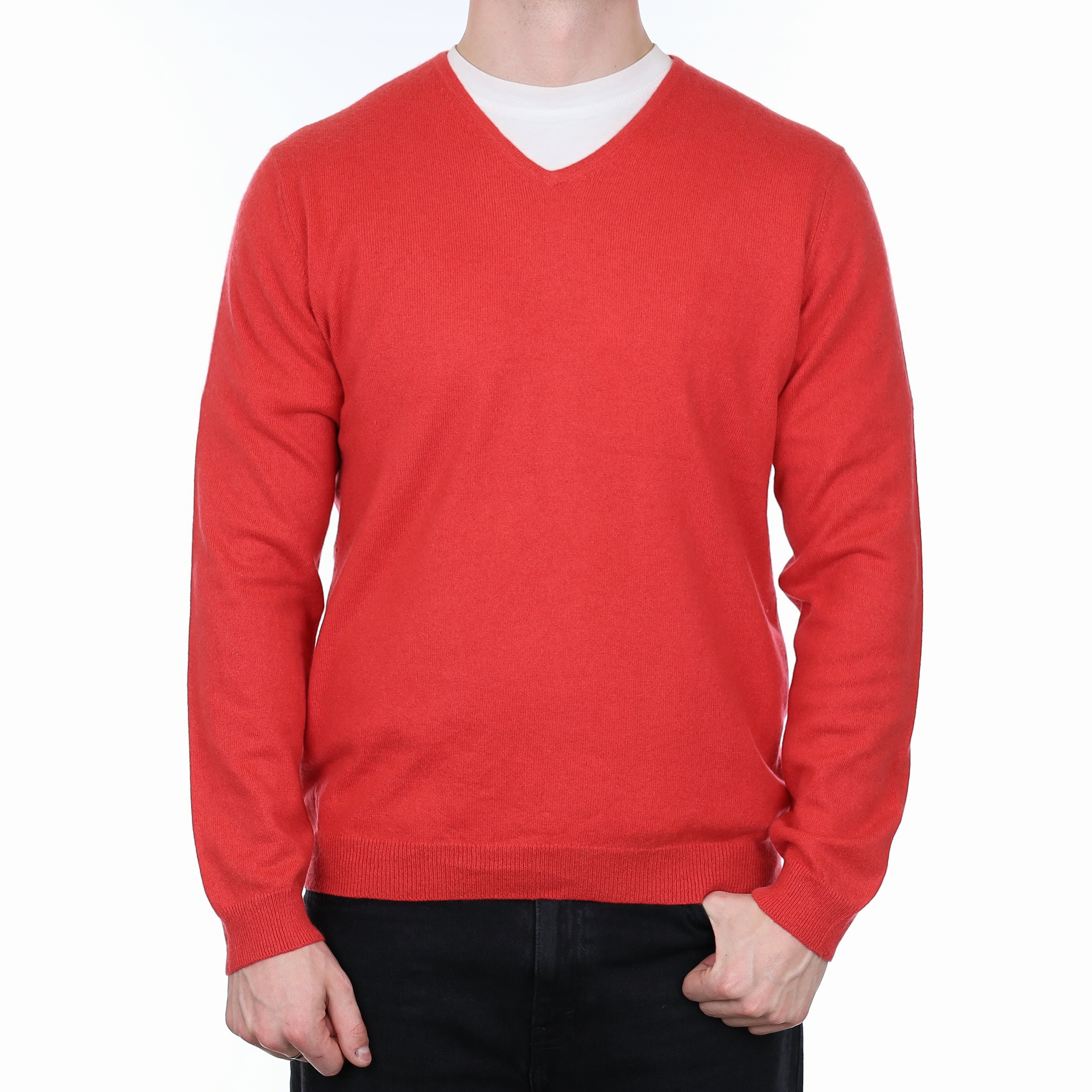 Men's Vermillion Red Cashmere V Neck Jumper XXL