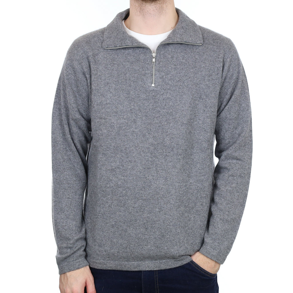 Men's Ash Grey Cashmere 1/4 Zip Jumper Large