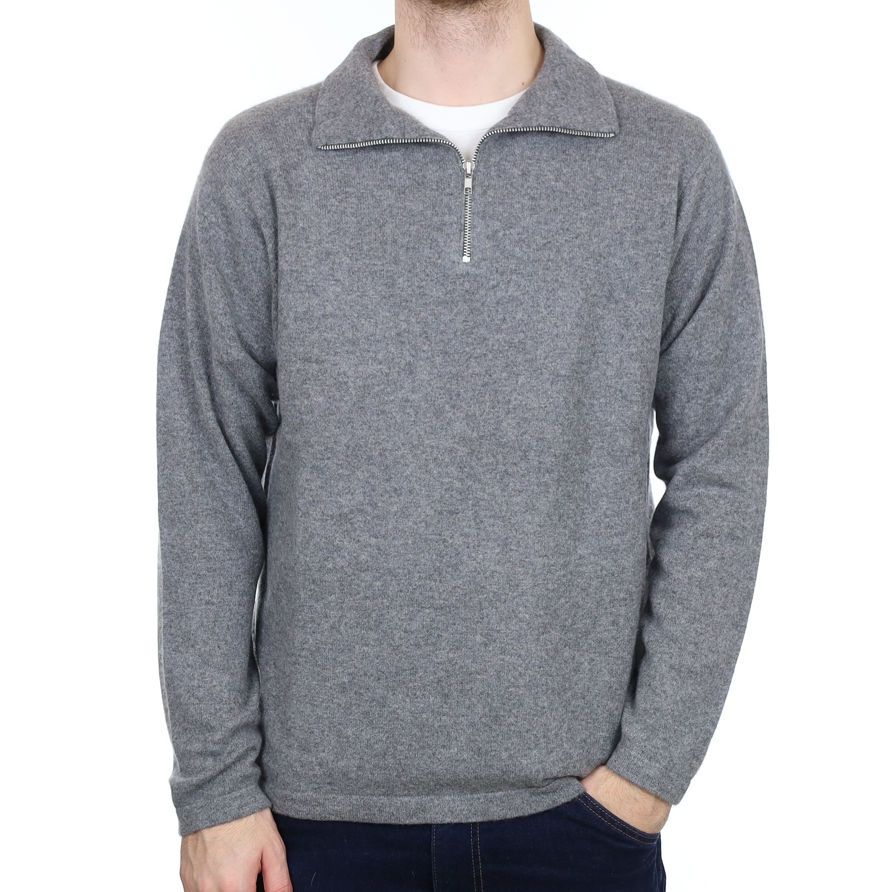 Men's Ash Grey Cashmere 1/4 Zip Jumper Large