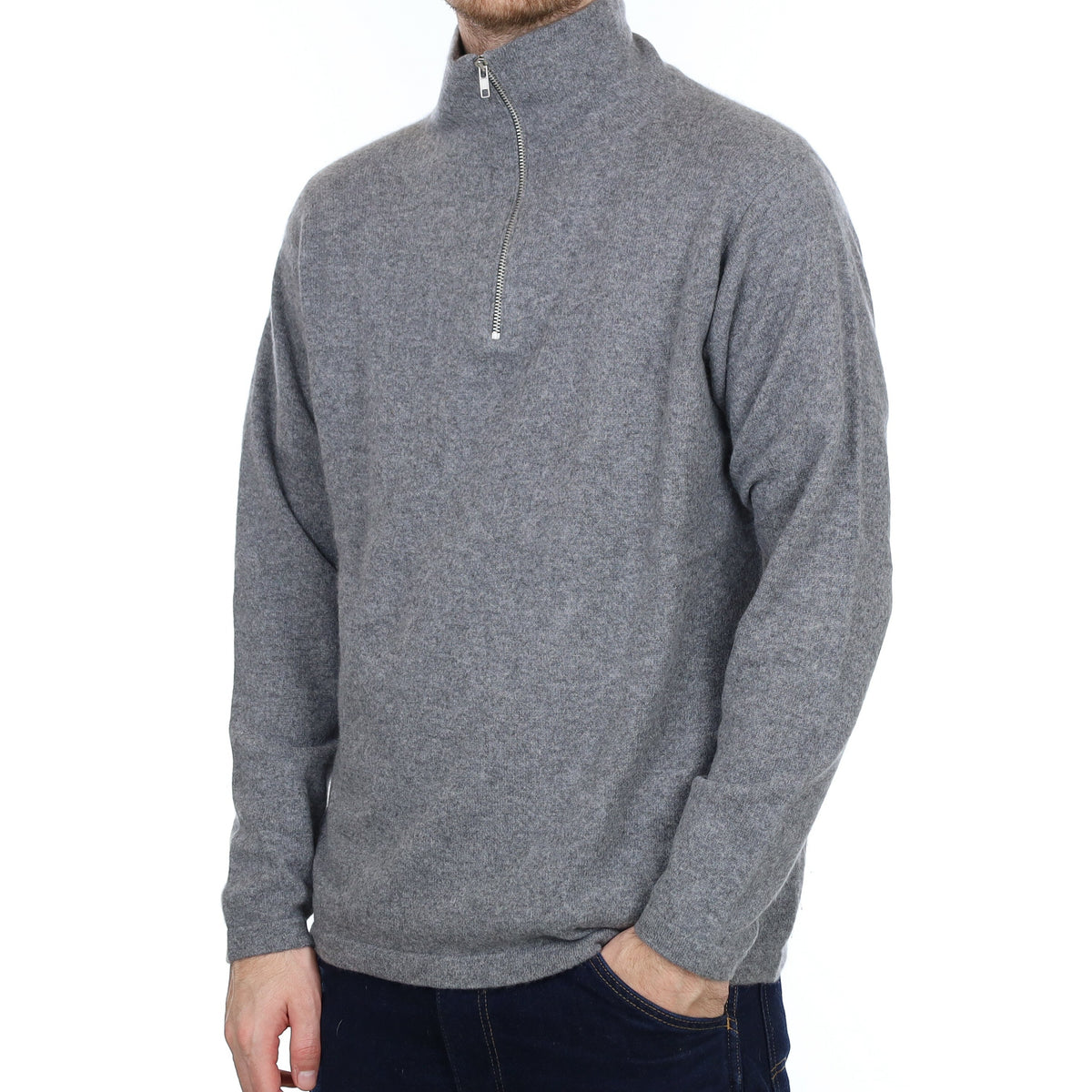 Men's Ash Grey Cashmere 1/4 Zip Jumper Large