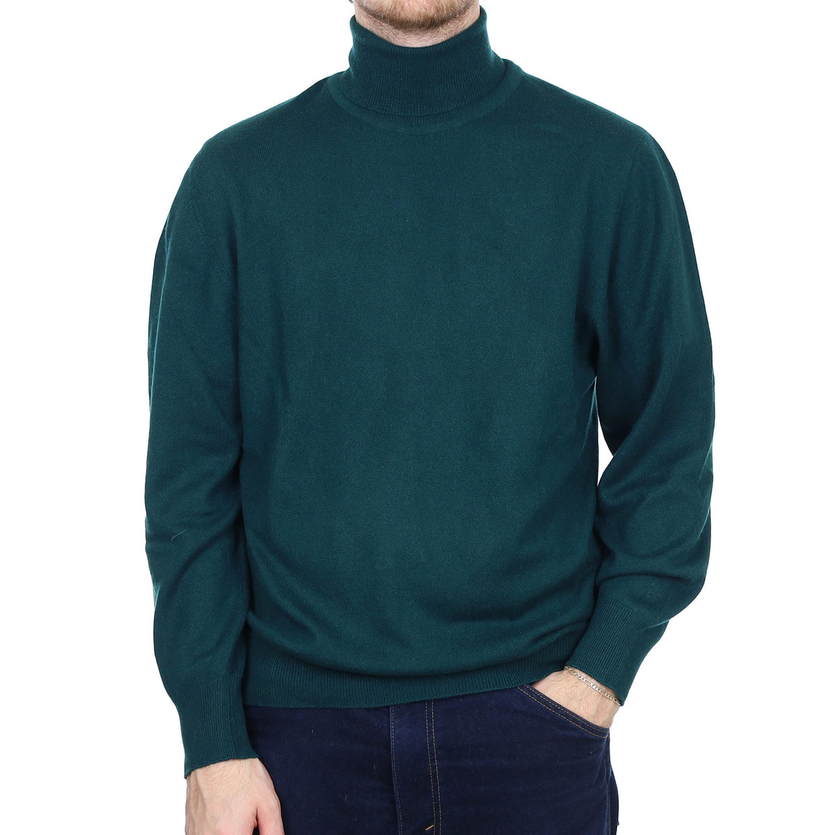 Men's Deep Forest Green Cashmere Polo Neck Jumper Large