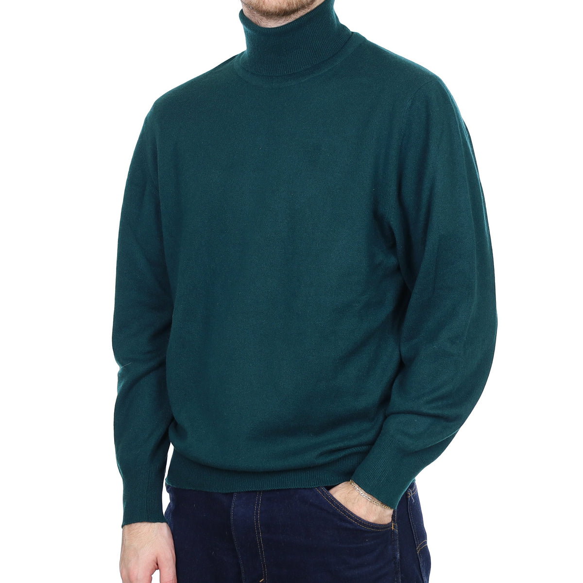 Men's Deep Forest Green Cashmere Polo Neck Jumper Large
