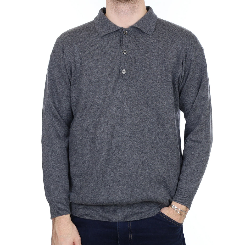 Men's Slate Grey Cashmere Collared 1/4 Button Jumper Large