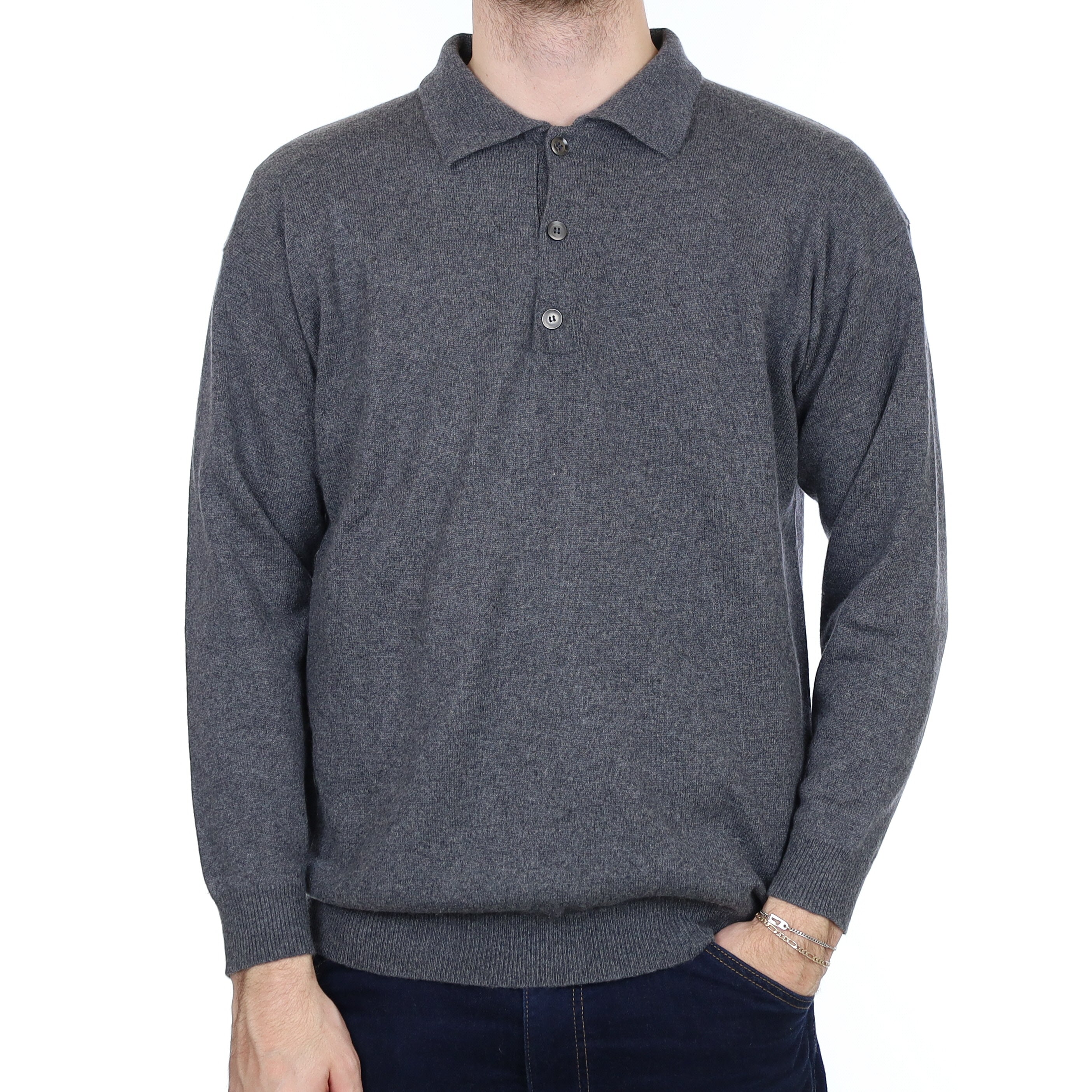 Men's Slate Grey Cashmere Collared 1/4 Button Jumper Large