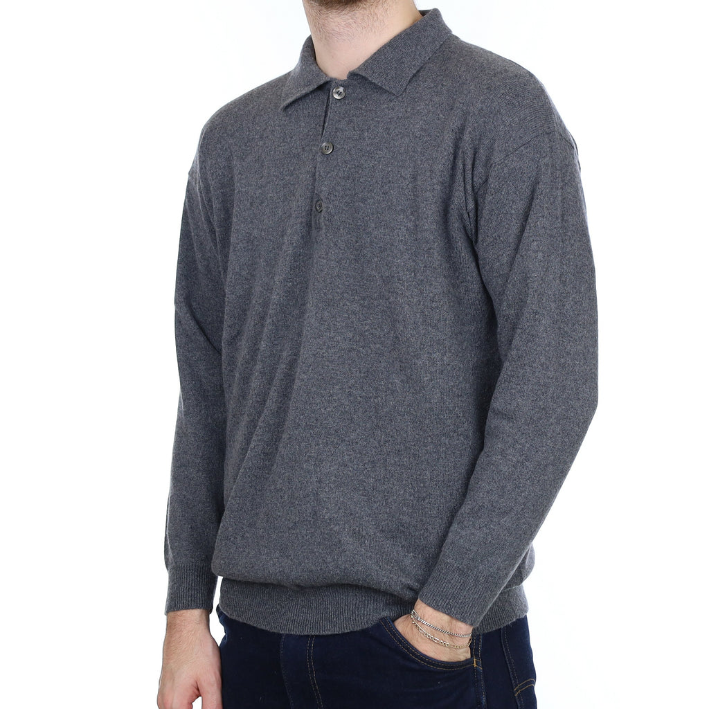 Men's Slate Grey Cashmere Collared 1/4 Button Jumper Large