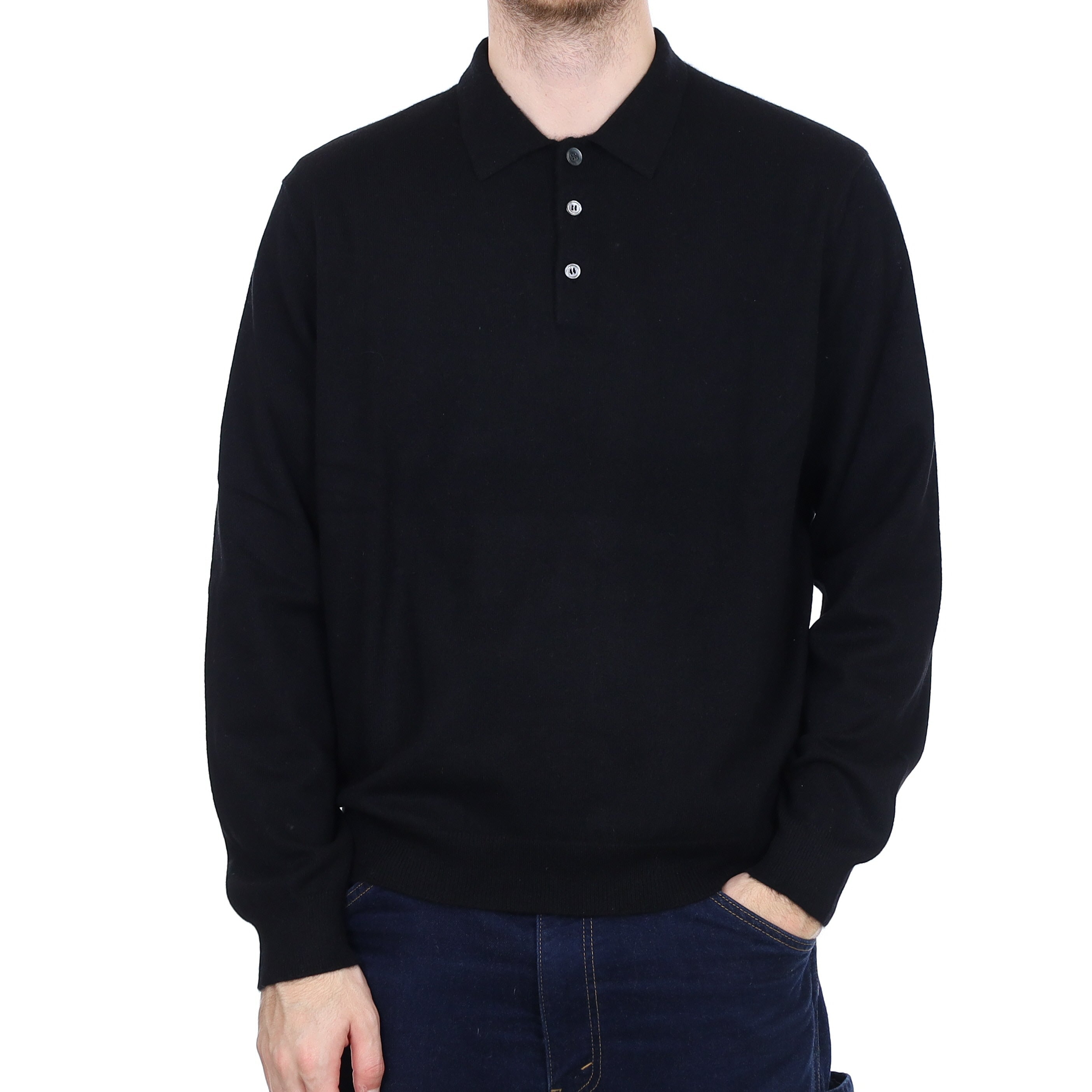 Men's Black Cashmere Collared 1/4 Button Jumper Large