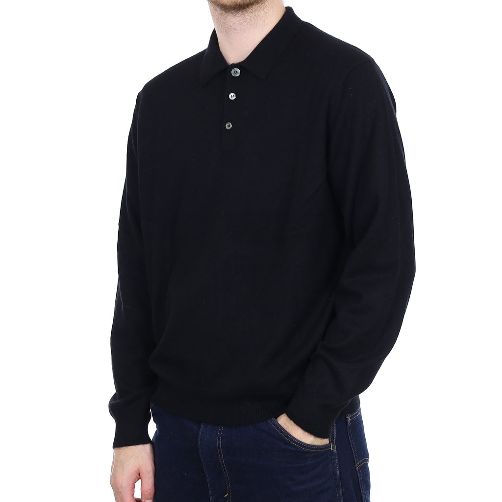 Men's Black Cashmere Collared 1/4 Button Jumper Large