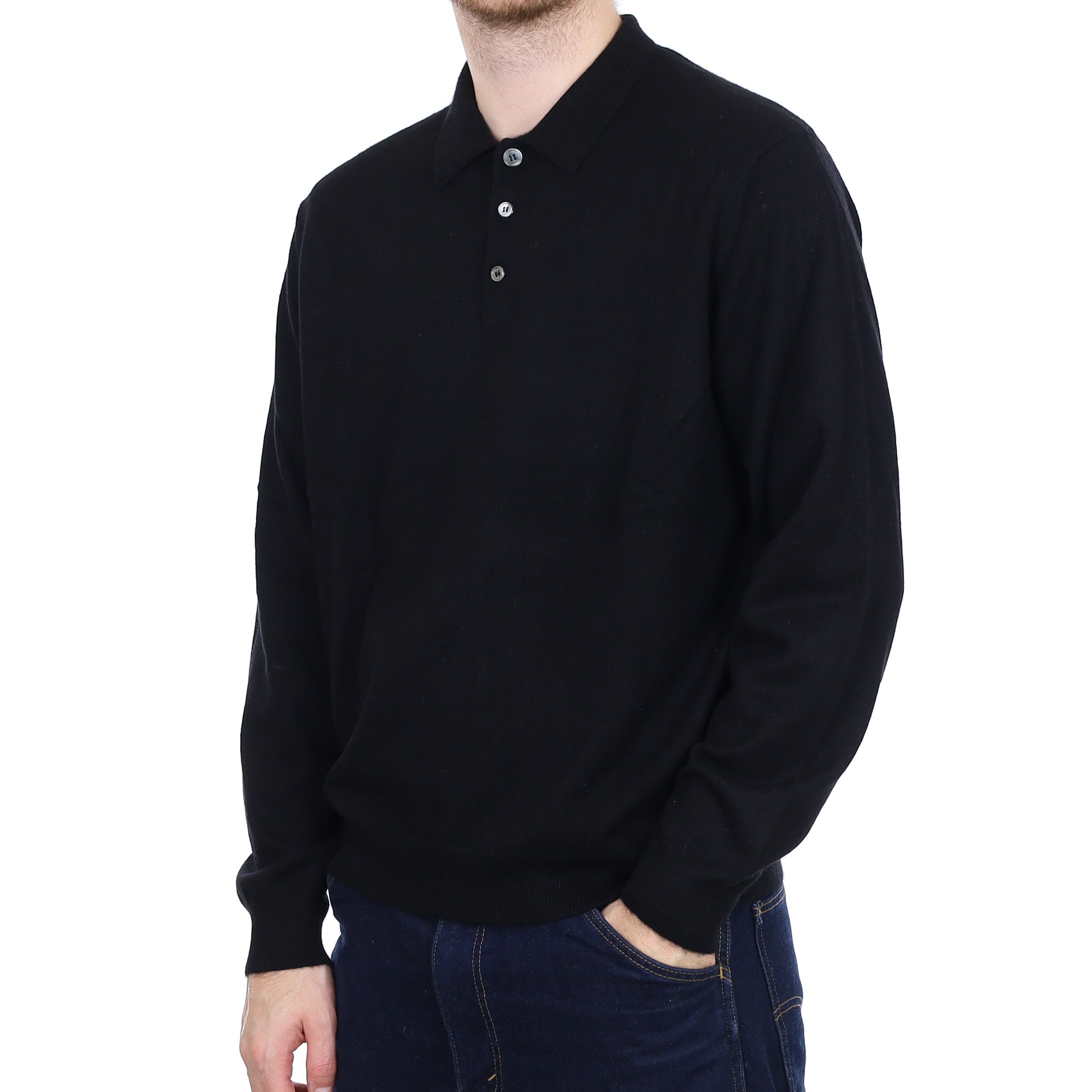 Men's Black Cashmere Collared 1/4 Button Jumper Large