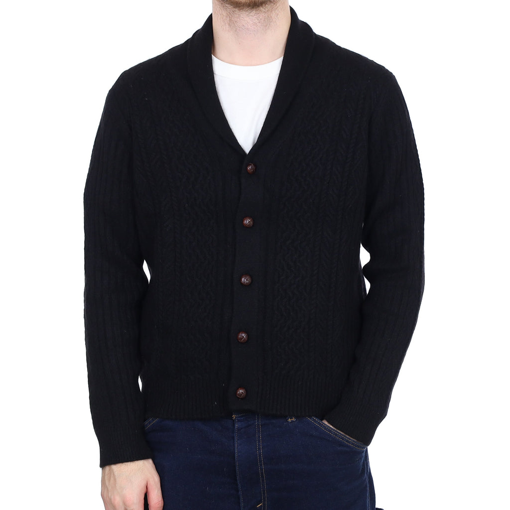 Men's Black Textured Cashmere Shawl Collar Cardigan Large